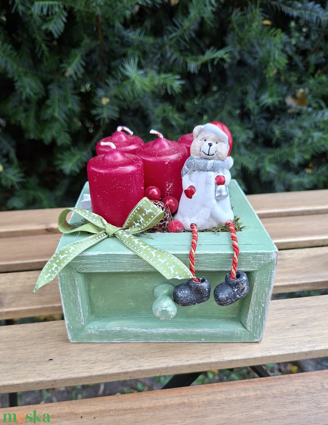 Mackó karácsonya -adventi fiók, gyertyadísz, adventi asztali dísz - karácsony - adventi díszek - adventi koszorú - Meska.hu