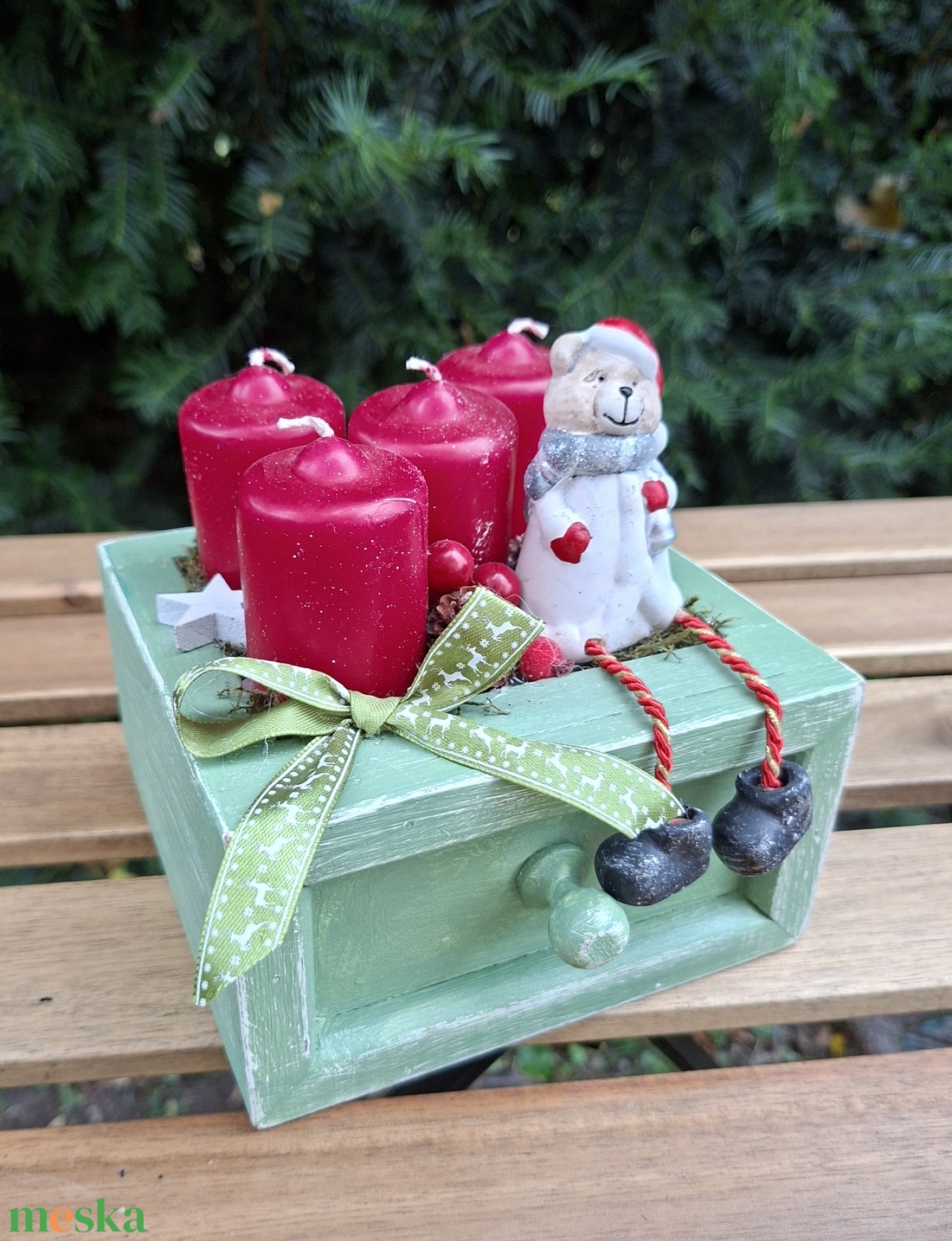 Mackó karácsonya -adventi fiók, gyertyadísz, adventi asztali dísz - karácsony - adventi díszek - adventi koszorú - Meska.hu
