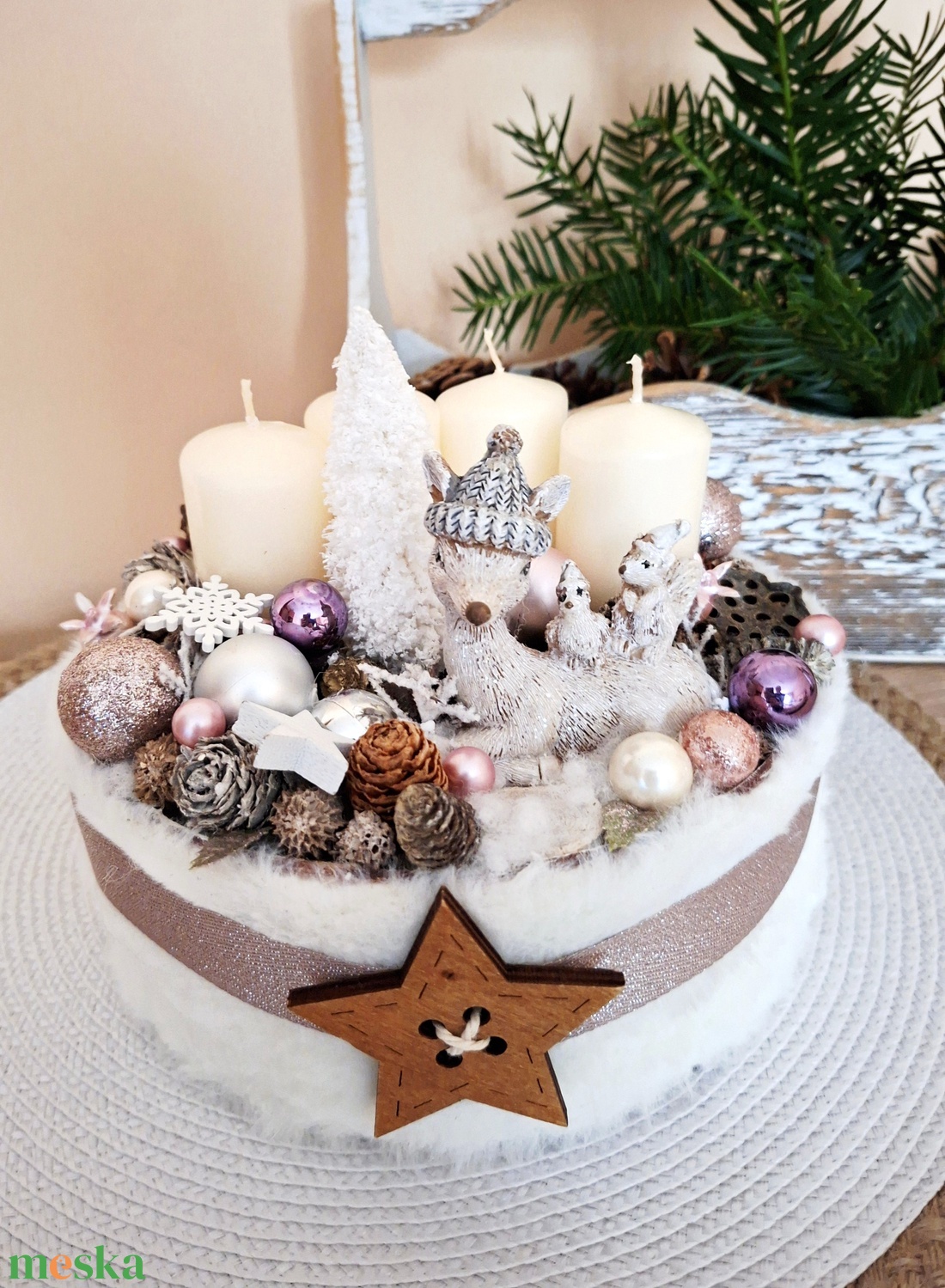 Őzikés adventi doboz, gyertyadísz, adventi asztali dísz bézs-púder - karácsony - adventi díszek - adventi koszorú - Meska.hu