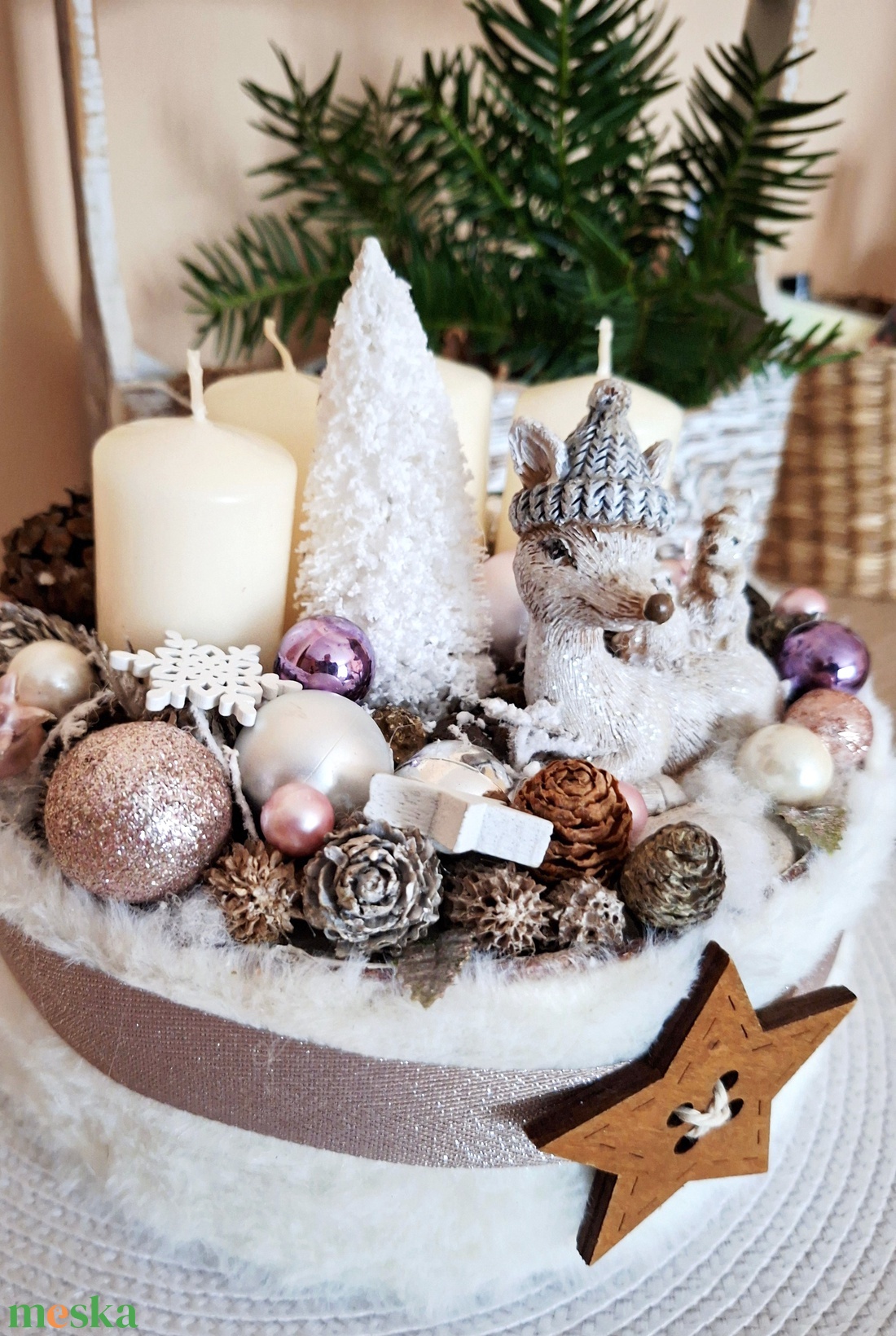 Őzikés adventi doboz, gyertyadísz, adventi asztali dísz bézs-púder - karácsony - adventi díszek - adventi koszorú - Meska.hu