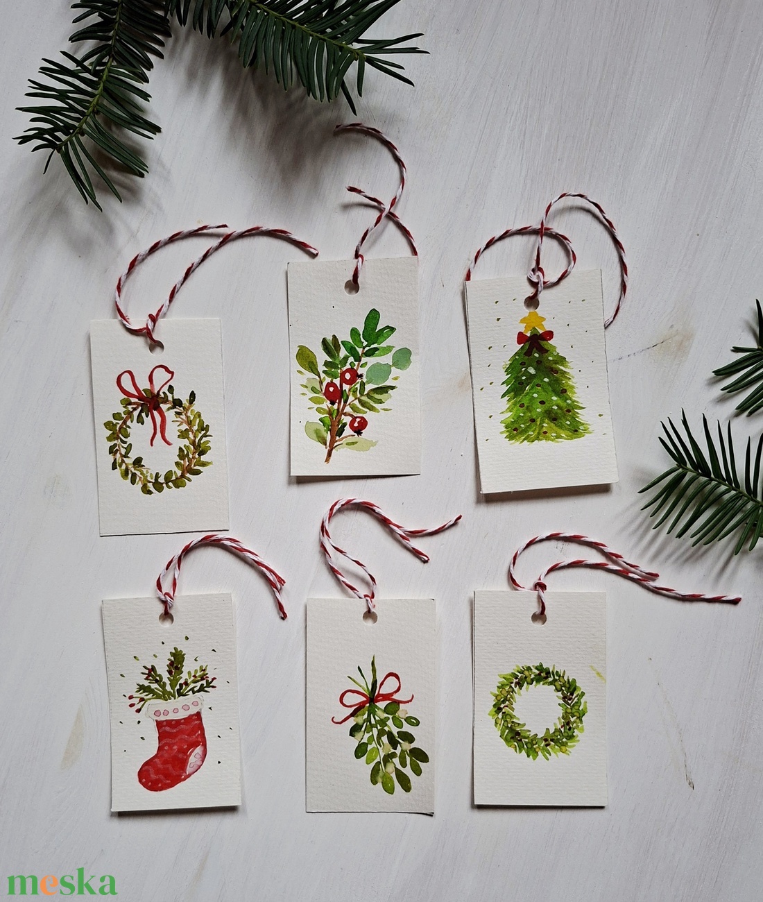 Karácsonyi zöldek- 6db- kézzel festett karácsonyi ajándékkísérő, dekoráció - karácsony - karácsonyi lakásdekoráció - karácsonyfadíszek - Meska.hu