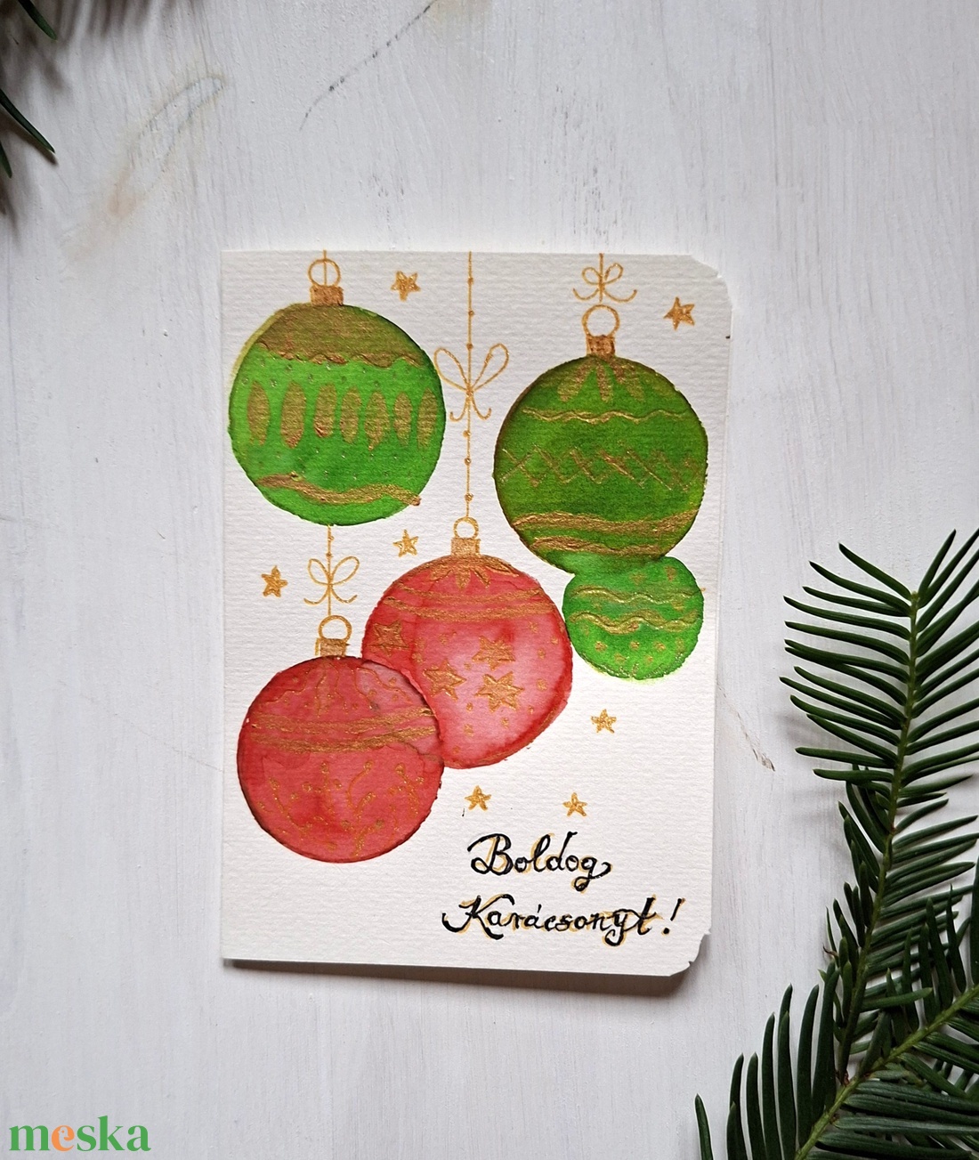  Karácsonyi gömbök- Kézzel festett akvarell üdvözlő lap - könyv & zene - könyvjelző - Meska.hu