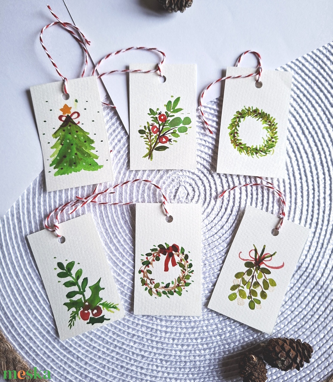 Karácsonyi zöldek- 6db- kézzel festett karácsonyi ajándékkísérő, dekoráció - karácsony - karácsonyi lakásdekoráció - karácsonyfadíszek - Meska.hu