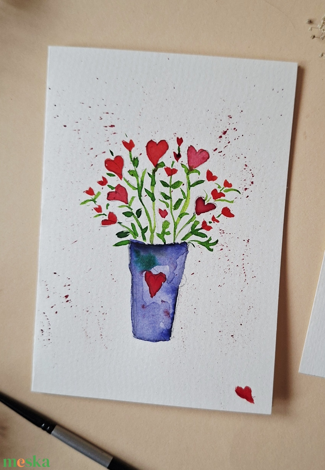 Szívek cserépben- kézzel festett köszöntőlap, Valentin napi kártya, nőnapra, anyák napjára -ajándékkártyával - otthon & életmód - papír, írószer - ajándékozás kellékei - képeslap, üdvözlőlap - Meska.hu