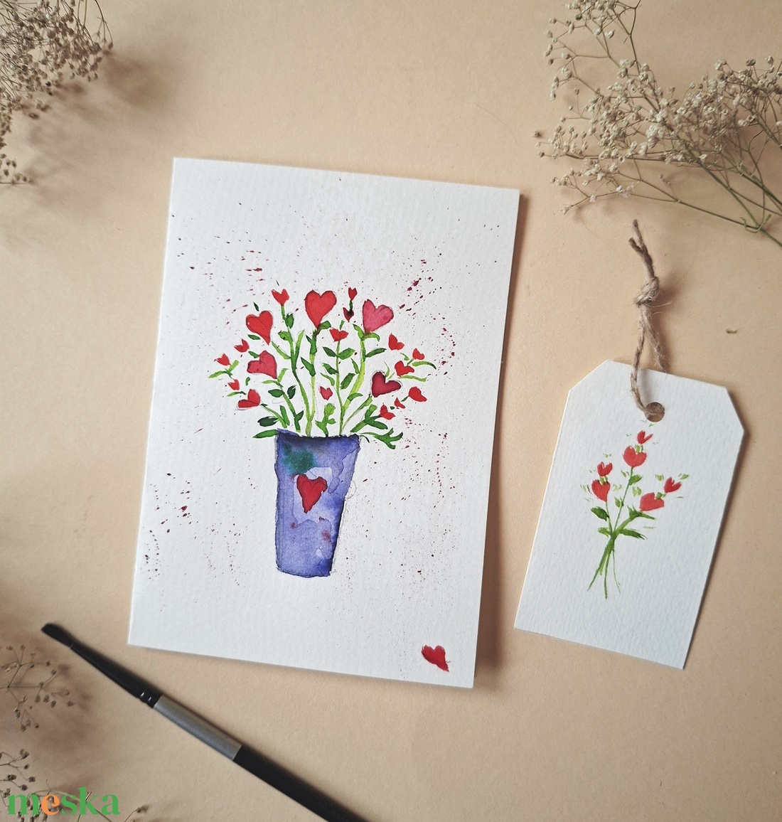 Szívek cserépben- kézzel festett köszöntőlap, Valentin napi kártya, nőnapra, anyák napjára -ajándékkártyával - otthon & életmód - papír, írószer - ajándékozás kellékei - képeslap, üdvözlőlap - Meska.hu