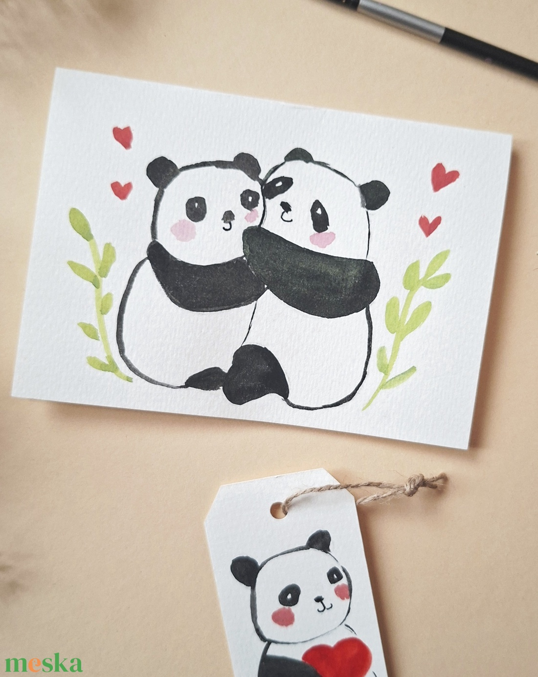  Cuki pandák--kézzel festett köszöntőlap, Valentin napi kártya, nőnapra, anyák napjára -ajándékkártyával - könyv & zene - könyvjelző - Meska.hu