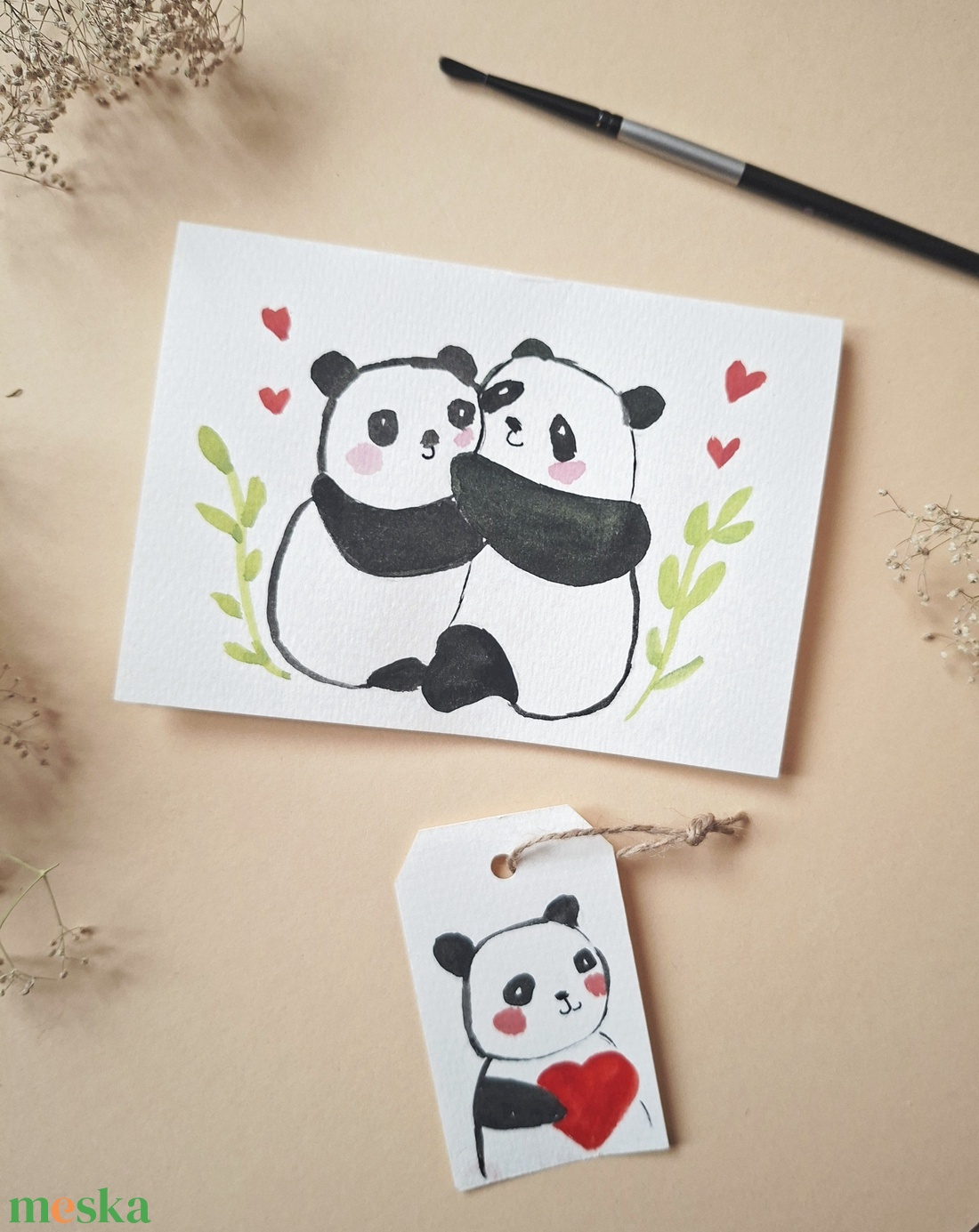  Cuki pandák--kézzel festett köszöntőlap, Valentin napi kártya, nőnapra, anyák napjára -ajándékkártyával - könyv & zene - könyvjelző - Meska.hu