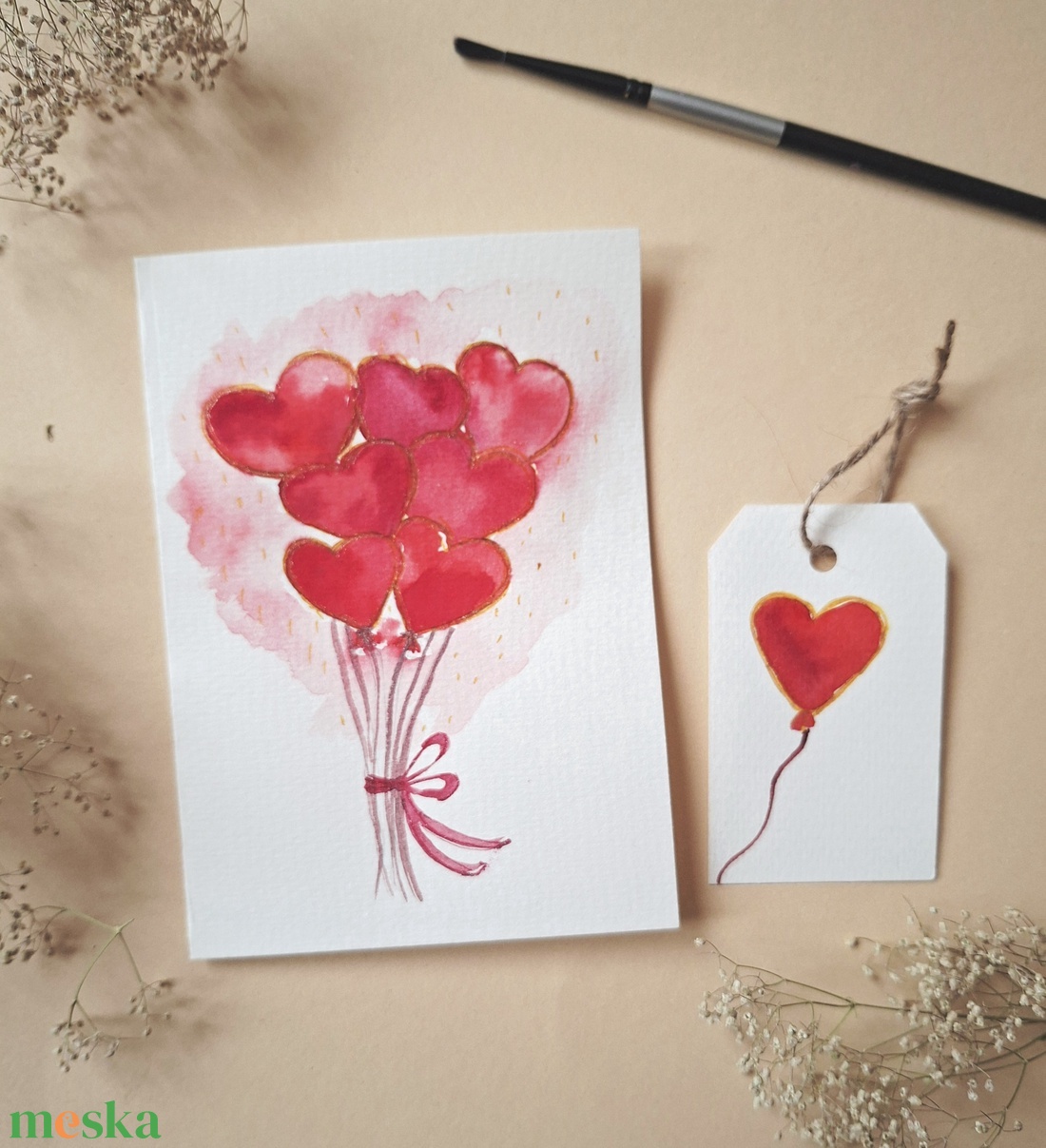 Szíves luficsokor-kézzel festett köszöntőlap, Valentin napi kártya, nőnapra, anyák napjára -ajándékkártyával - otthon & életmód - papír, írószer - ajándékozás kellékei - képeslap, üdvözlőlap - Meska.hu