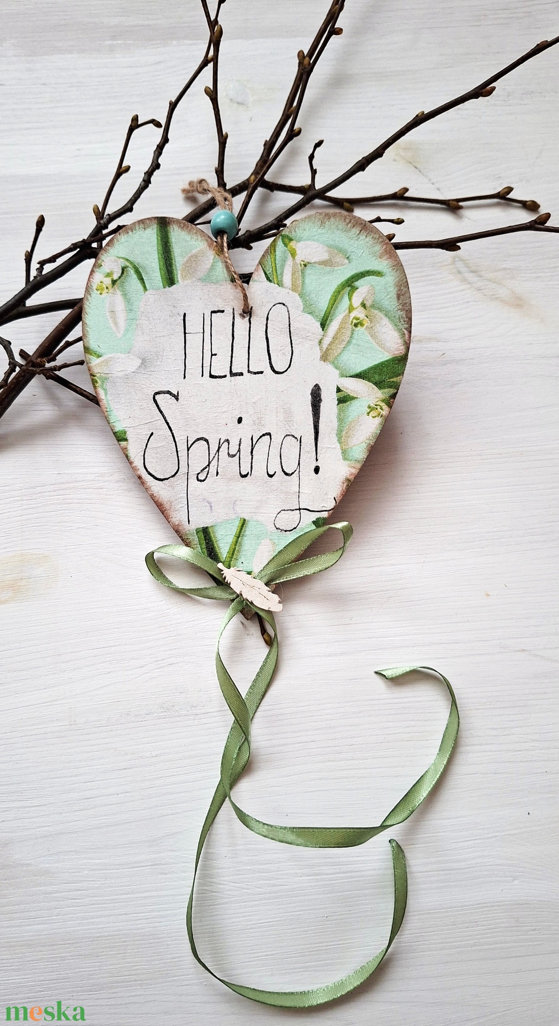 Hóvirágos tavaszi hangulatú faszív, ajtódísz, függődísz - otthon & életmód - dekoráció - fali és függő dekoráció - függődísz - Meska.hu
