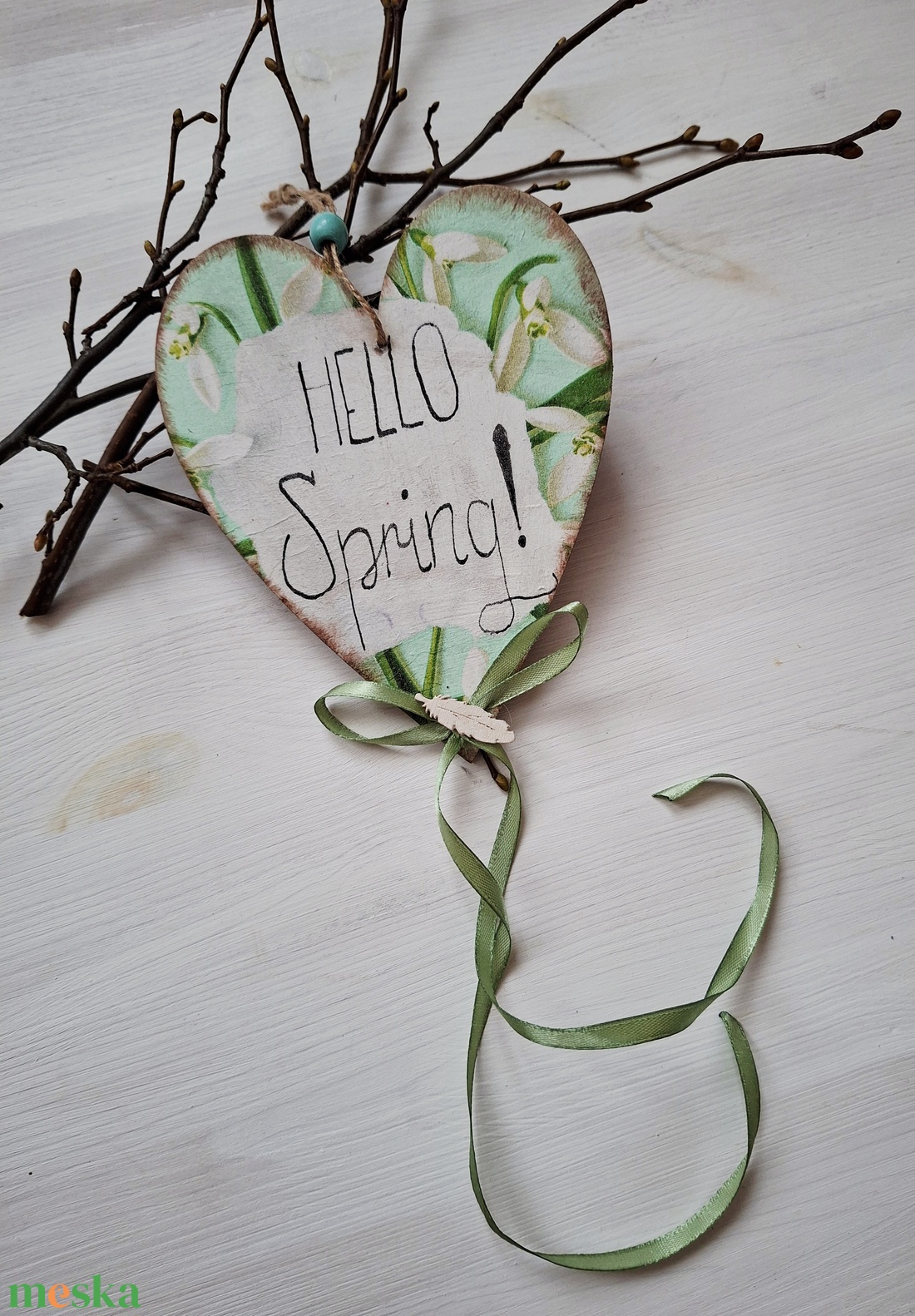 Hóvirágos tavaszi hangulatú faszív, ajtódísz, függődísz - otthon & életmód - dekoráció - fali és függő dekoráció - függődísz - Meska.hu