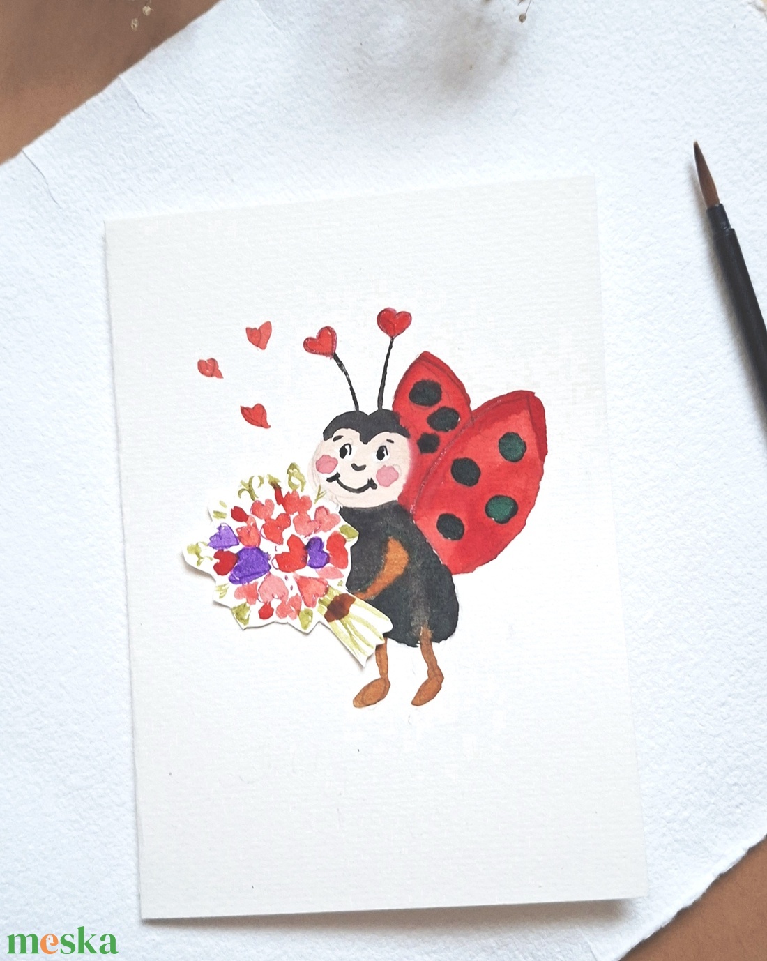 Katica szívecskés csokorral-kézzel festett köszöntőlap, Valentin napi kártya, nőnapra, anyák napjára  - otthon & életmód - papír, írószer - ajándékozás kellékei - képeslap, üdvözlőlap - Meska.hu
