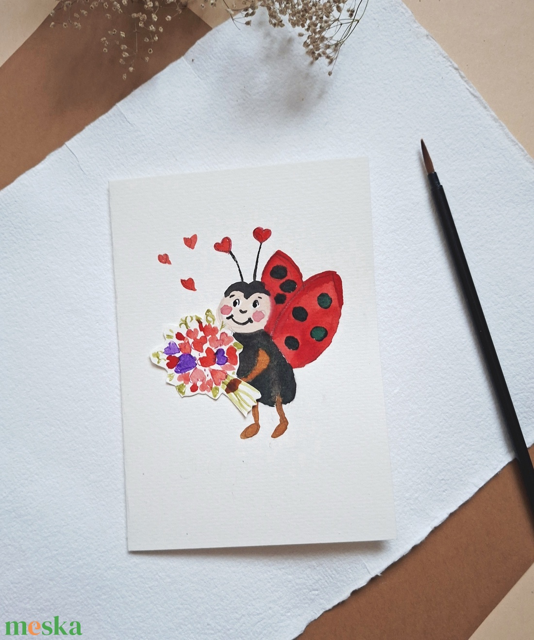 Katica szívecskés csokorral-kézzel festett köszöntőlap, Valentin napi kártya, nőnapra, anyák napjára  - otthon & életmód - papír, írószer - ajándékozás kellékei - képeslap, üdvözlőlap - Meska.hu