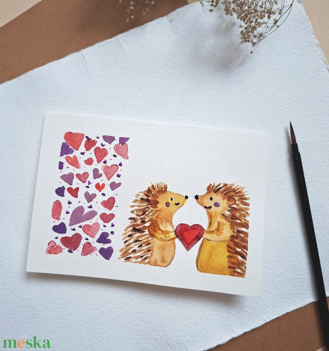 Szerelmes Sünik-kézzel festett köszöntőlap, Valentin napi kártya  - otthon & életmód - papír, írószer - ajándékozás kellékei - képeslap, üdvözlőlap - Meska.hu