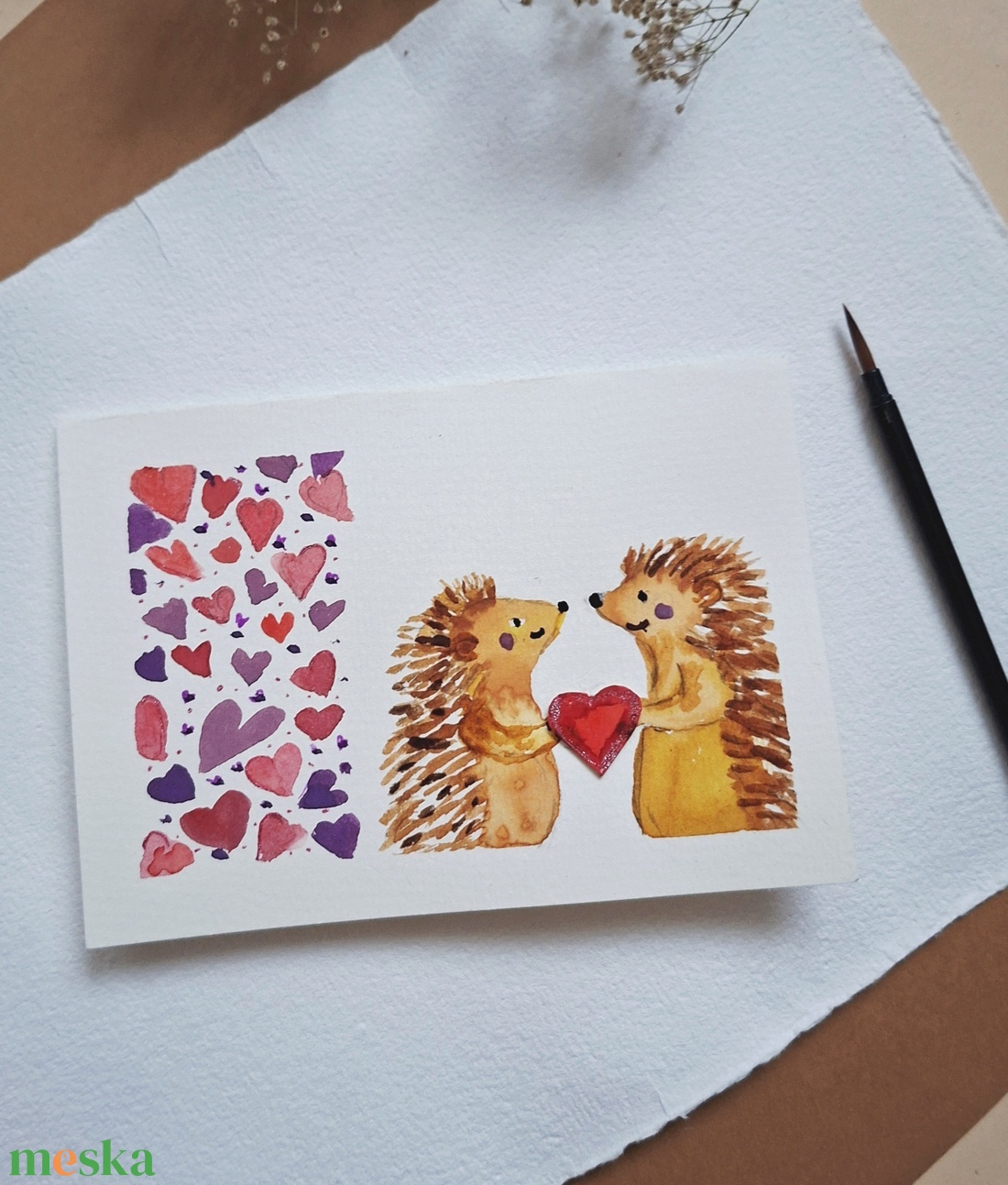 Szerelmes Sünik-kézzel festett köszöntőlap, Valentin napi kártya  - otthon & életmód - papír, írószer - ajándékozás kellékei - képeslap, üdvözlőlap - Meska.hu
