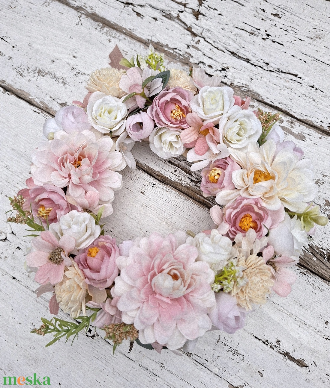 Rózsaszín, krém virágos tavaszi, nyári koszorú, dekoráció- Azonnal vihető! - otthon & életmód - dekoráció - ajtó- és ablak dekoráció - ajtódísz & kopogtató - Meska.hu