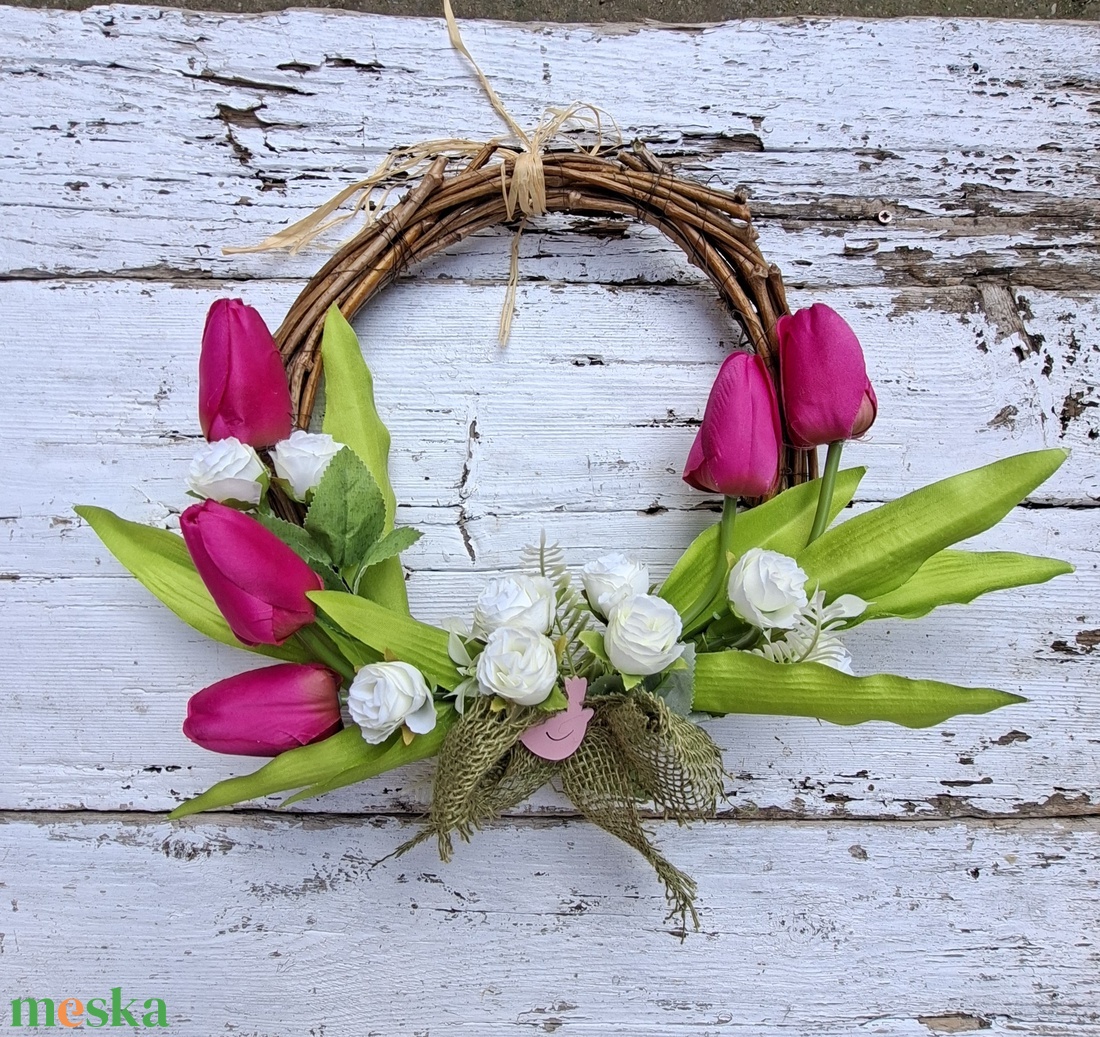 Tavaszi pink tulipán koszorú, tavaszi ajtódísz, húsvéti dekoráció, kopogtató - otthon & életmód - dekoráció - ajtó- és ablak dekoráció - ajtódísz & kopogtató - Meska.hu