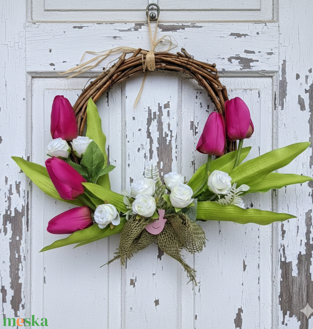 Tavaszi pink tulipán koszorú, tavaszi ajtódísz, húsvéti dekoráció, kopogtató - otthon & életmód - dekoráció - ajtó- és ablak dekoráció - ajtódísz & kopogtató - Meska.hu