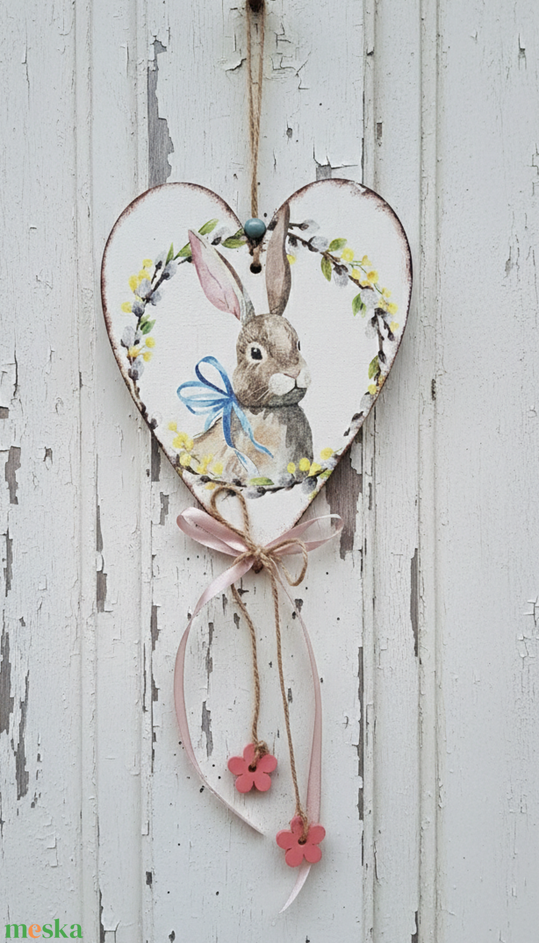 Nyuszis szívtábla- tavaszi dekoráció, húsvéti dísz - ünnepi díszek, dekorációk - húsvéti díszek és dekorációk - húsvéti ajtódísz, kopogtató - Meska.hu