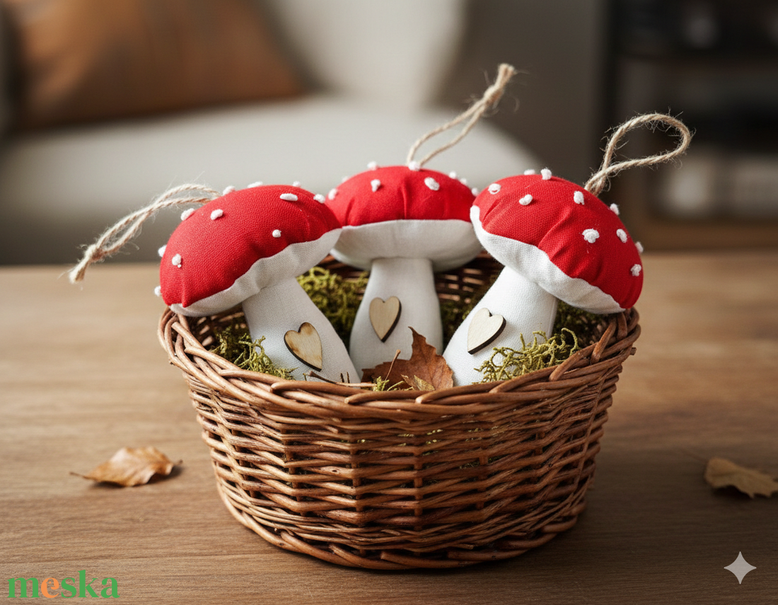 Piros pöttyös gombák - kézzel varrott dekoráció, dísz, fűzérnek, őszi díszek - otthon & életmód - dekoráció - dekoratív figurák és szobrok - Meska.hu