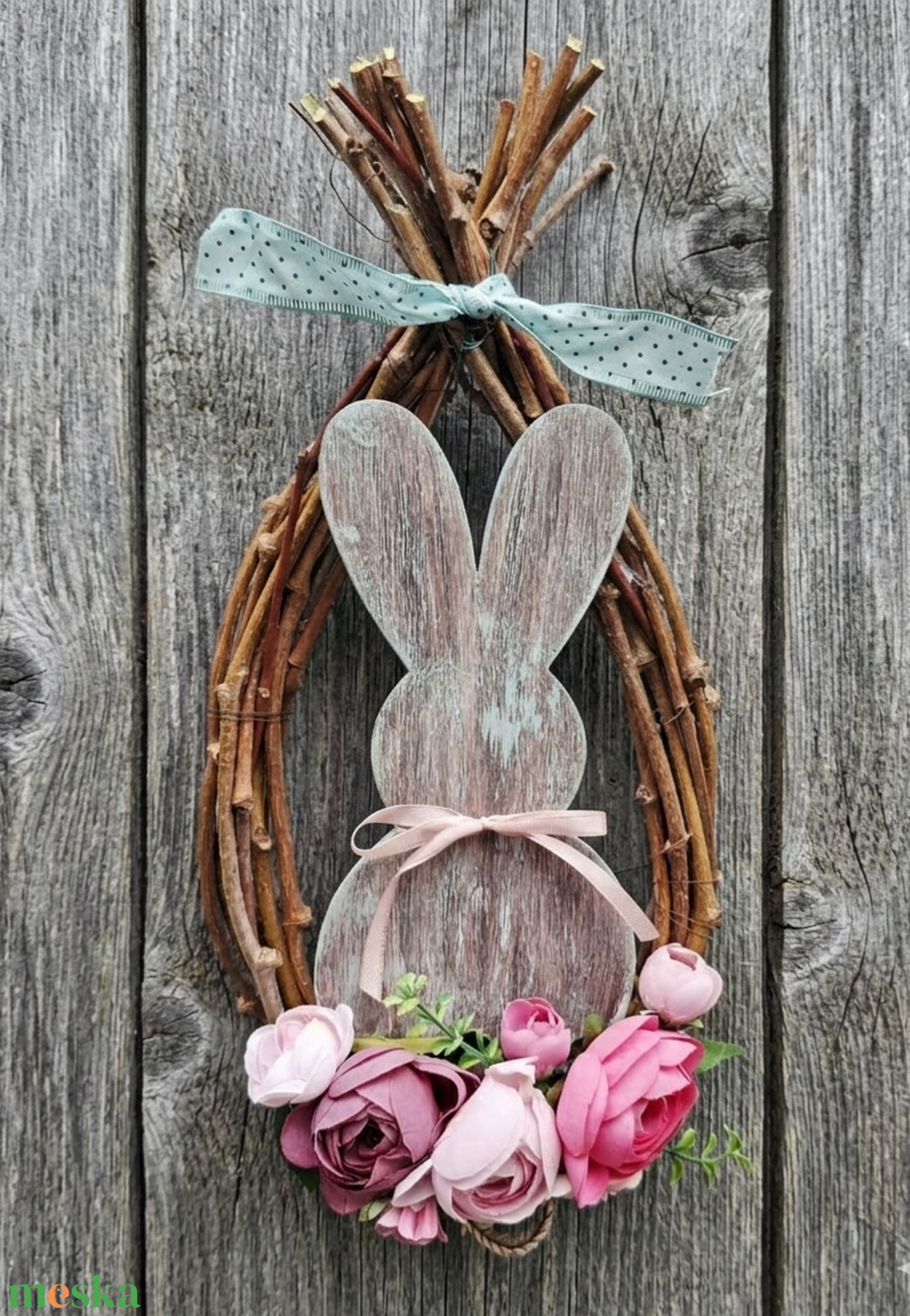 Nyuszis Vendégváró - venyigekoszorú, tavaszi, húsvéti ajtódísz - ünnepi díszek, dekorációk - húsvéti díszek és dekorációk - húsvéti ajtódísz, kopogtató - Meska.hu
