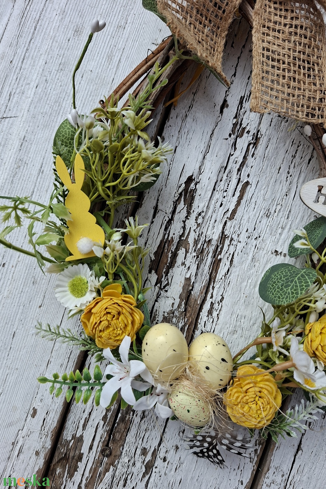 Húsvéti napsütés-  tojás koszorú farmhouse stílusú ajtódísz, kopogtató, lakásdekoráció - ünnepi díszek, dekorációk - húsvéti díszek és dekorációk - húsvéti ajtódísz, kopogtató - Meska.hu
