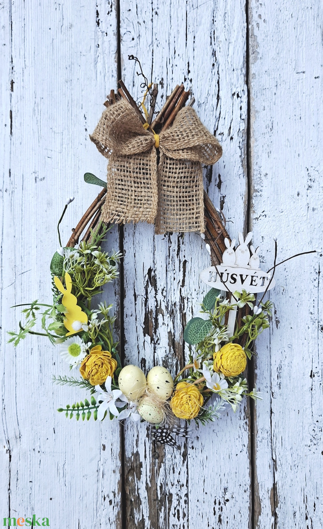 Húsvéti napsütés-  tojás koszorú farmhouse stílusú ajtódísz, kopogtató, lakásdekoráció - ünnepi díszek, dekorációk - húsvéti díszek és dekorációk - húsvéti ajtódísz, kopogtató - Meska.hu