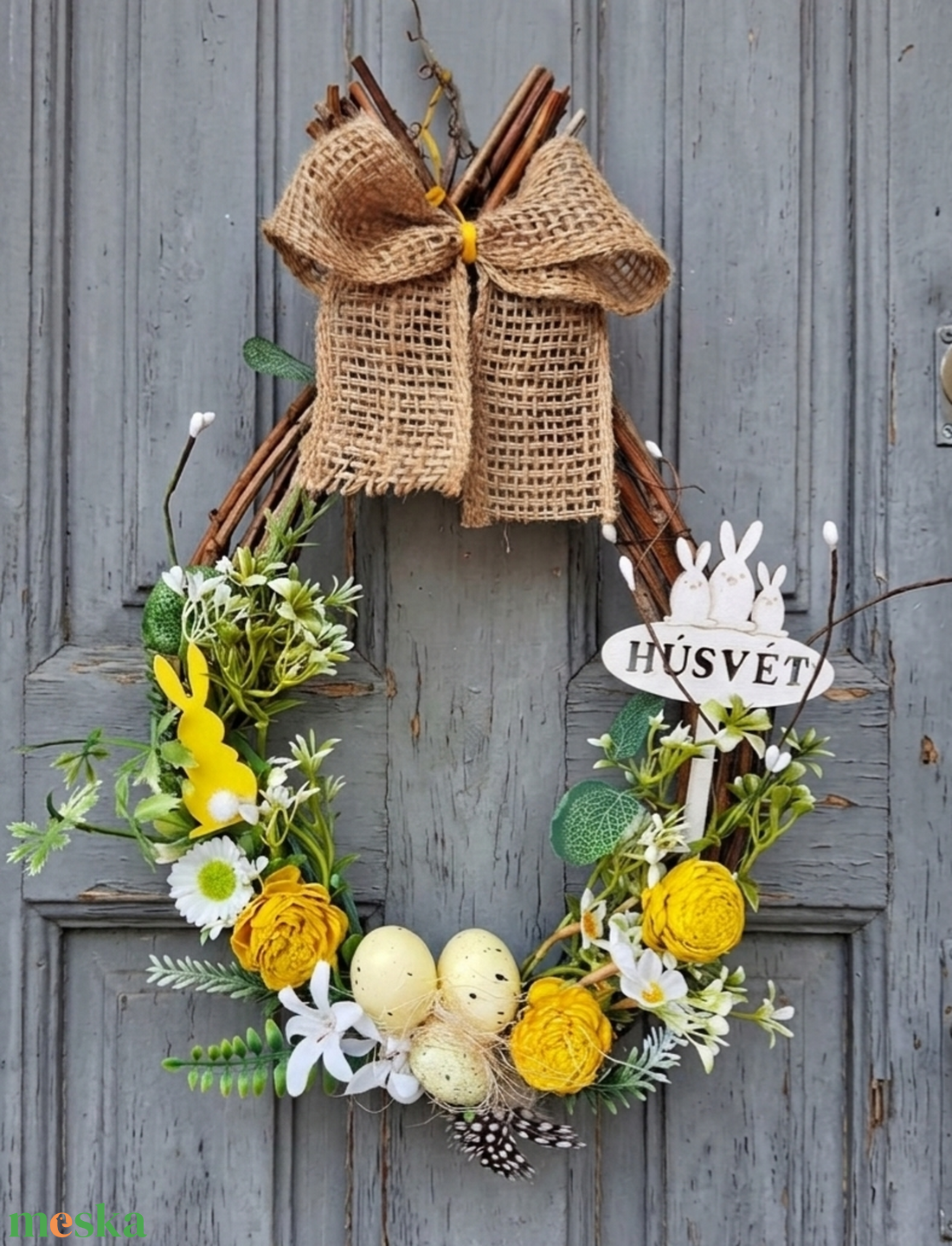 Húsvéti napsütés-  tojás koszorú farmhouse stílusú ajtódísz, kopogtató, lakásdekoráció - ünnepi díszek, dekorációk - húsvéti díszek és dekorációk - húsvéti ajtódísz, kopogtató - Meska.hu