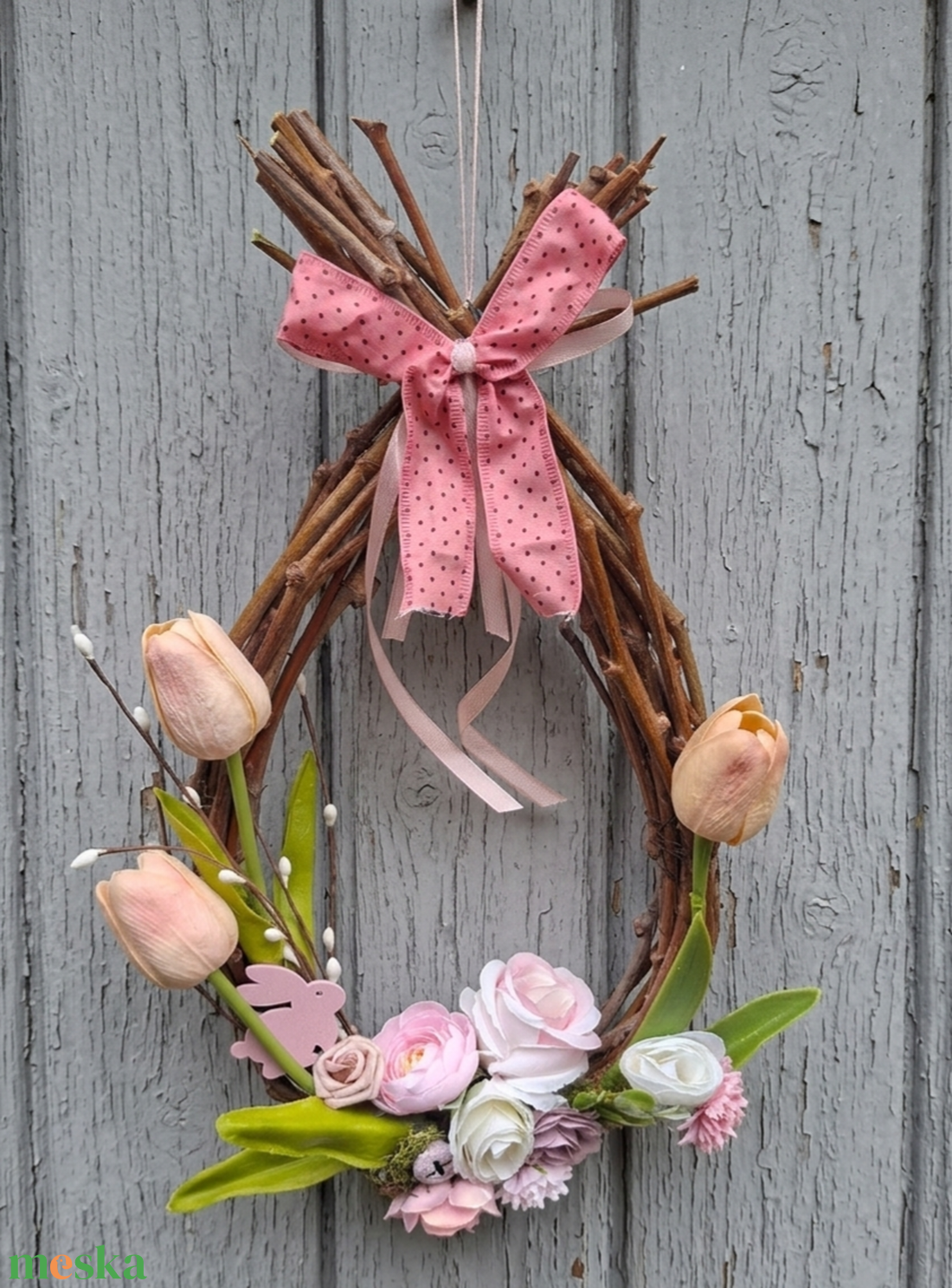 Tavaszi virágok venyige tojáskoszorún- húsvéti ajtódísz, kopogtató, tavaszi dekoráció - ünnepi díszek, dekorációk - húsvéti díszek és dekorációk - húsvéti ajtódísz, kopogtató - Meska.hu