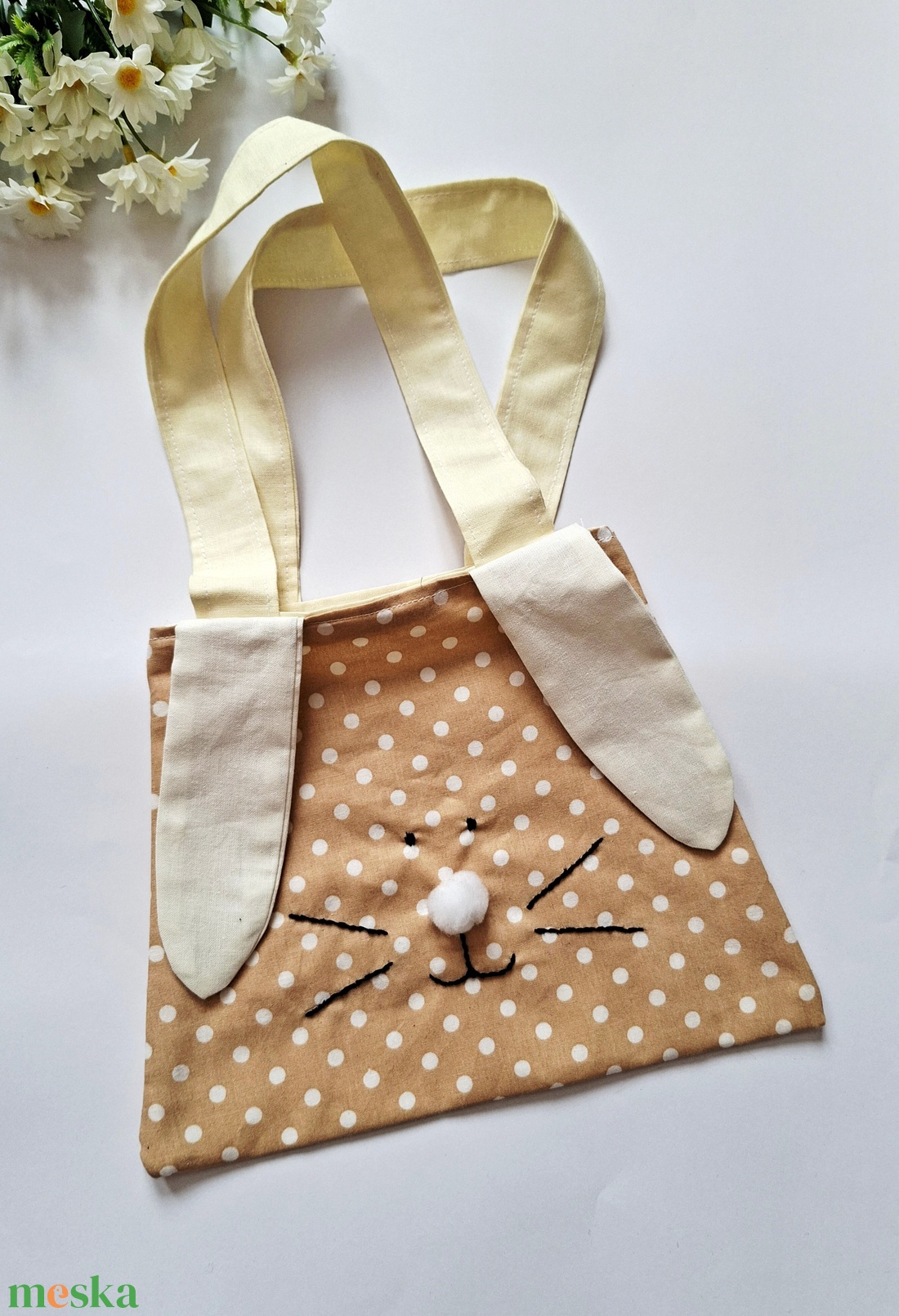 Tapsifüles- Barna pöttyös Nyuszi táska, gyerektáska, tojásgyűjtő táska, húsvétra,  játéknak Azonnal vihető! - ünnepi díszek, dekorációk - húsvéti díszek és dekorációk - húsvéti ajándékátadó - Meska.hu