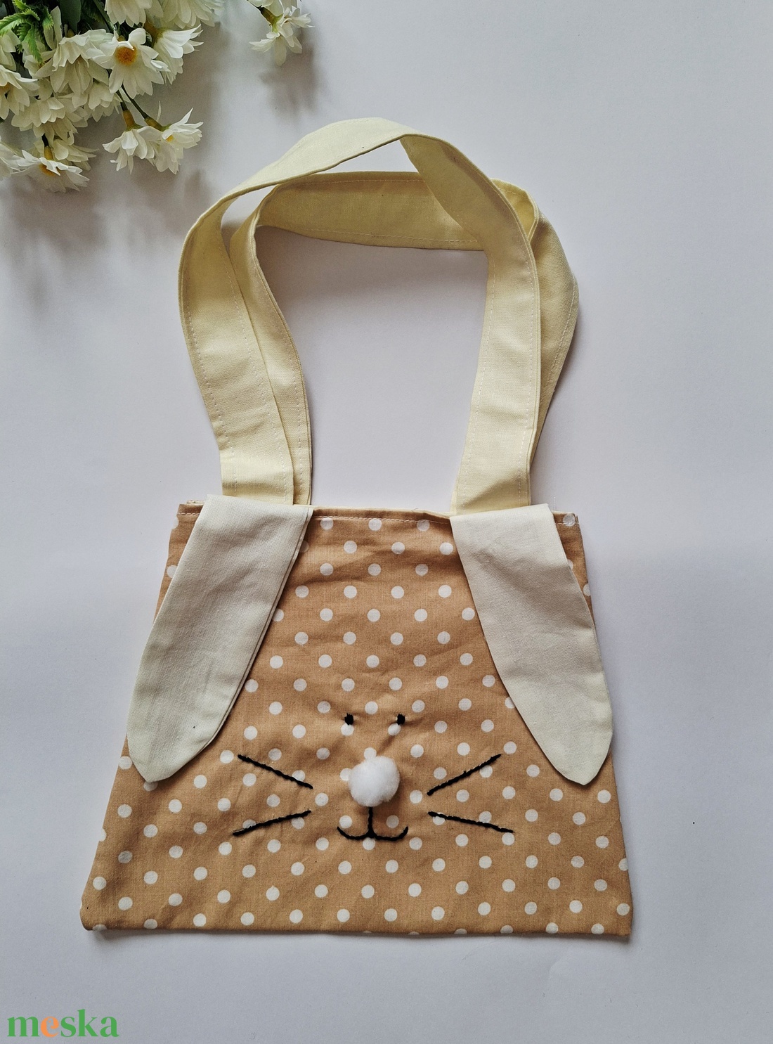 Tapsifüles- Barna pöttyös Nyuszi táska, gyerektáska, tojásgyűjtő táska, húsvétra,  játéknak Azonnal vihető! - ünnepi díszek, dekorációk - húsvéti díszek és dekorációk - húsvéti ajándékátadó - Meska.hu