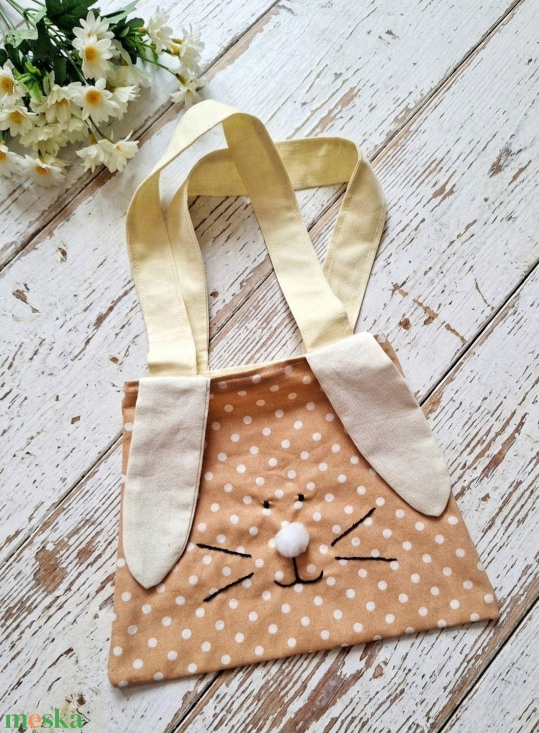 Tapsifüles- Barna pöttyös Nyuszi táska, gyerektáska, tojásgyűjtő táska, húsvétra,  játéknak Azonnal vihető! - ünnepi díszek, dekorációk - húsvéti díszek és dekorációk - húsvéti ajándékátadó - Meska.hu