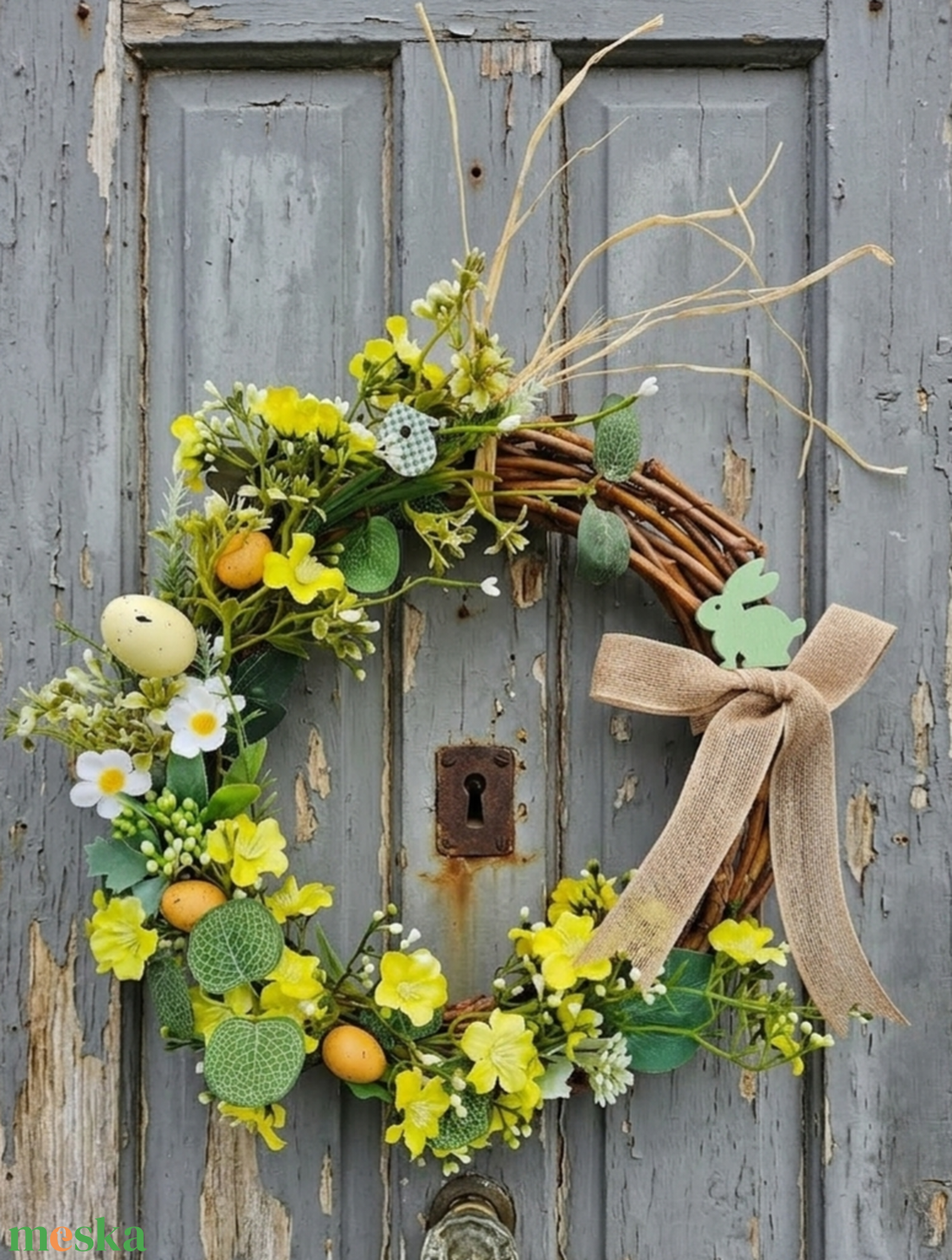 Nyuszis vendégváró-  farmhouse stílusú ajtódísz, húsvéti kopogtató, tavaszi lakásdekoráció  - ünnepi díszek, dekorációk - húsvéti díszek és dekorációk - húsvéti ajtódísz, kopogtató - Meska.hu