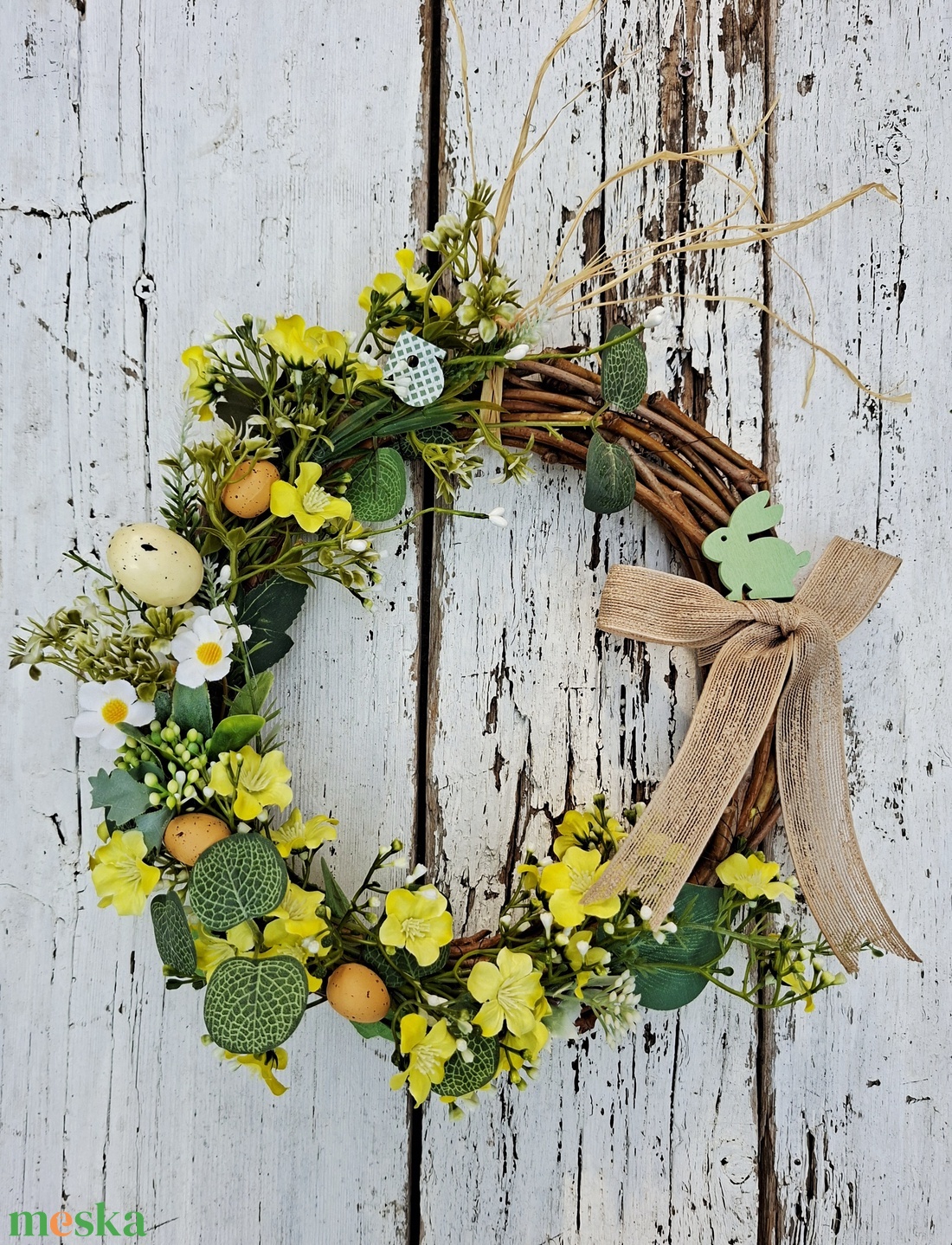 Nyuszis vendégváró-  farmhouse stílusú ajtódísz, húsvéti kopogtató, tavaszi lakásdekoráció  - ünnepi díszek, dekorációk - húsvéti díszek és dekorációk - húsvéti ajtódísz, kopogtató - Meska.hu