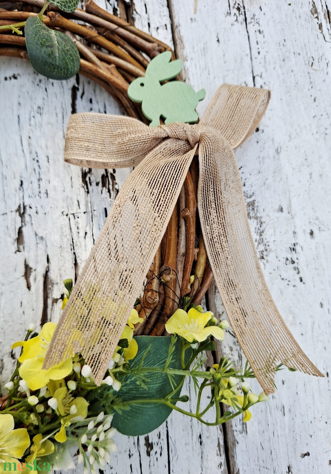 Nyuszis vendégváró-  farmhouse stílusú ajtódísz, húsvéti kopogtató, tavaszi lakásdekoráció  - ünnepi díszek, dekorációk - húsvéti díszek és dekorációk - húsvéti ajtódísz, kopogtató - Meska.hu