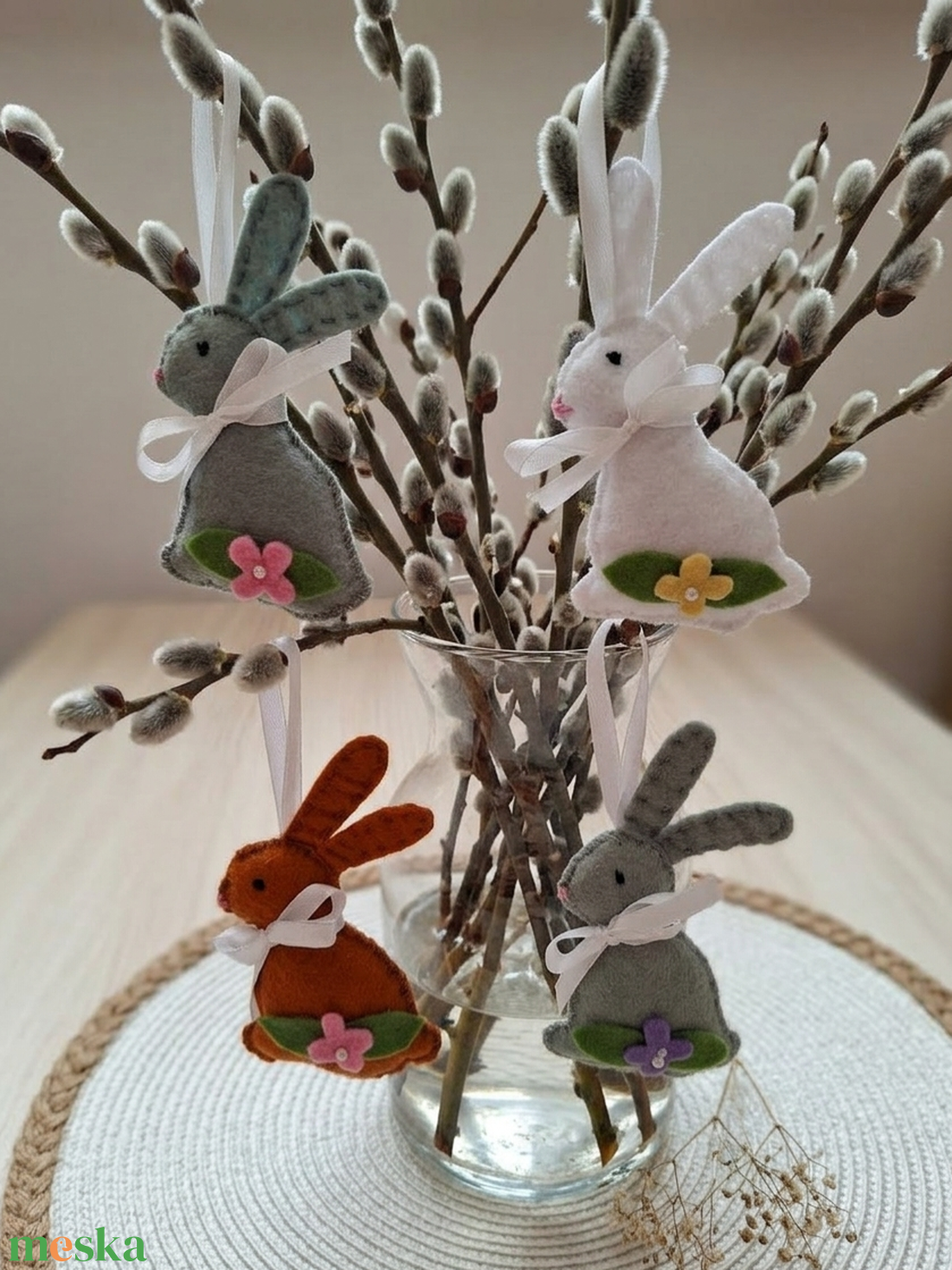 Húsvéti Nyuszik  - húsvéti, tavaszi dekoráció, barka díszek 4 db - ünnepi díszek, dekorációk - húsvéti díszek és dekorációk - húsvéti tojásfadíszek - Meska.hu