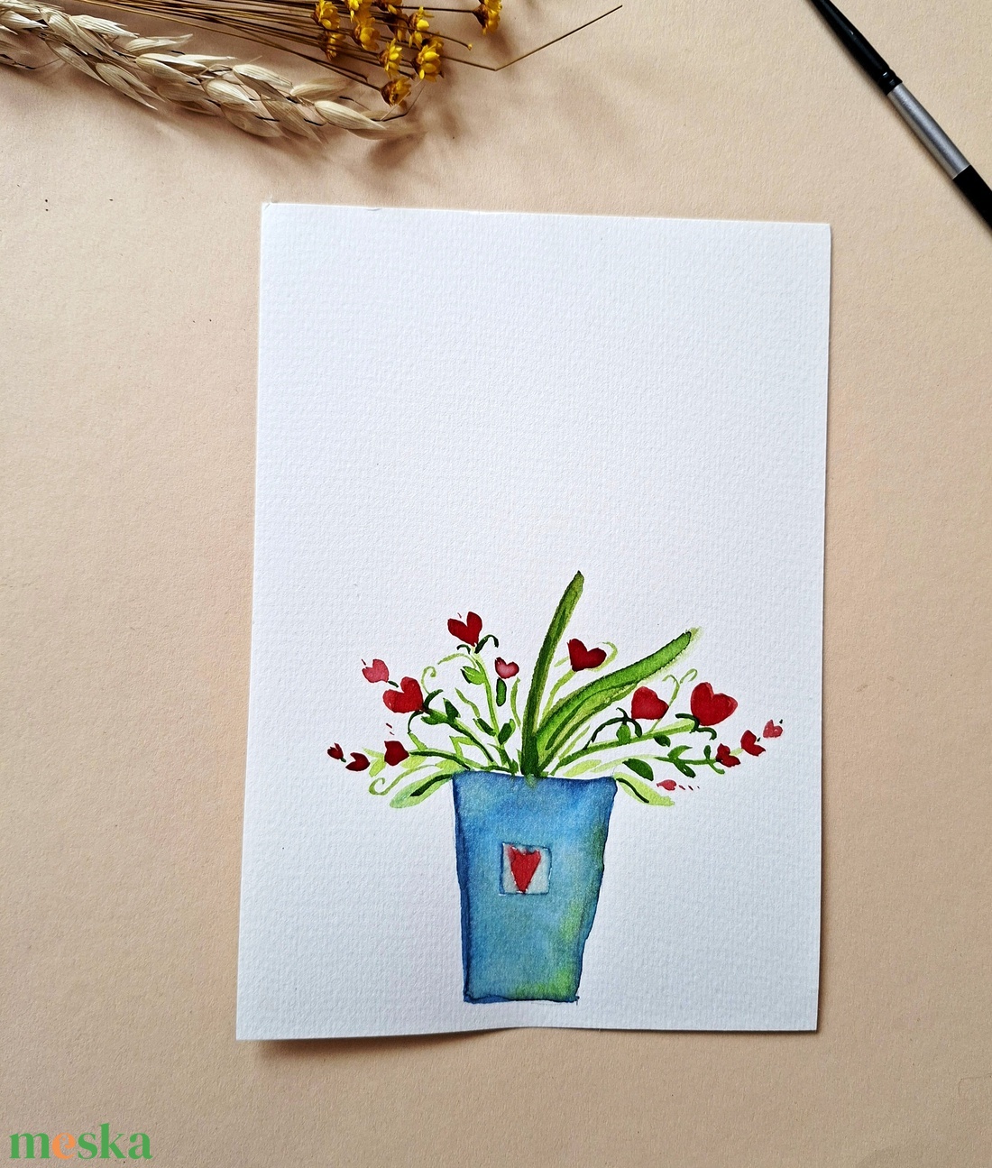 Szeretet-Virág- tenyérnyomat , Anyák napi kép, köszöntő lap kézzel festett akvarell lap Anyák, mamáknak,  - otthon & életmód - papír, írószer - ajándékozás kellékei - képeslap, üdvözlőlap - Meska.hu