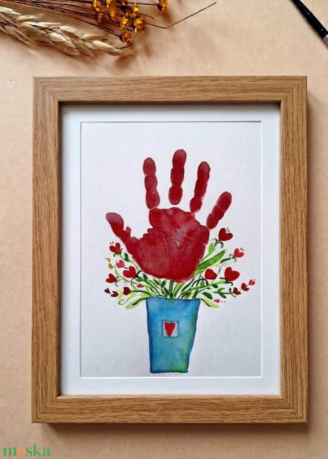 Szeretet-Virág- tenyérnyomat , Anyák napi kép, köszöntő lap kézzel festett akvarell lap Anyák, mamáknak,  - otthon & életmód - papír, írószer - ajándékozás kellékei - képeslap, üdvözlőlap - Meska.hu