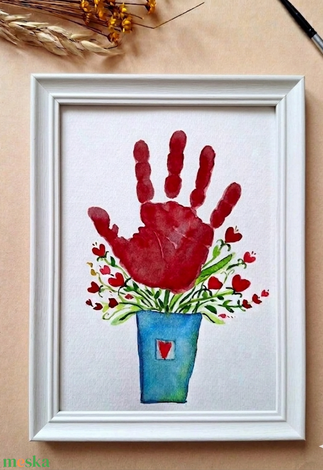 Szeretet-Virág- tenyérnyomat , Anyák napi kép, köszöntő lap kézzel festett akvarell lap Anyák, mamáknak,  - otthon & életmód - papír, írószer - ajándékozás kellékei - képeslap, üdvözlőlap - Meska.hu