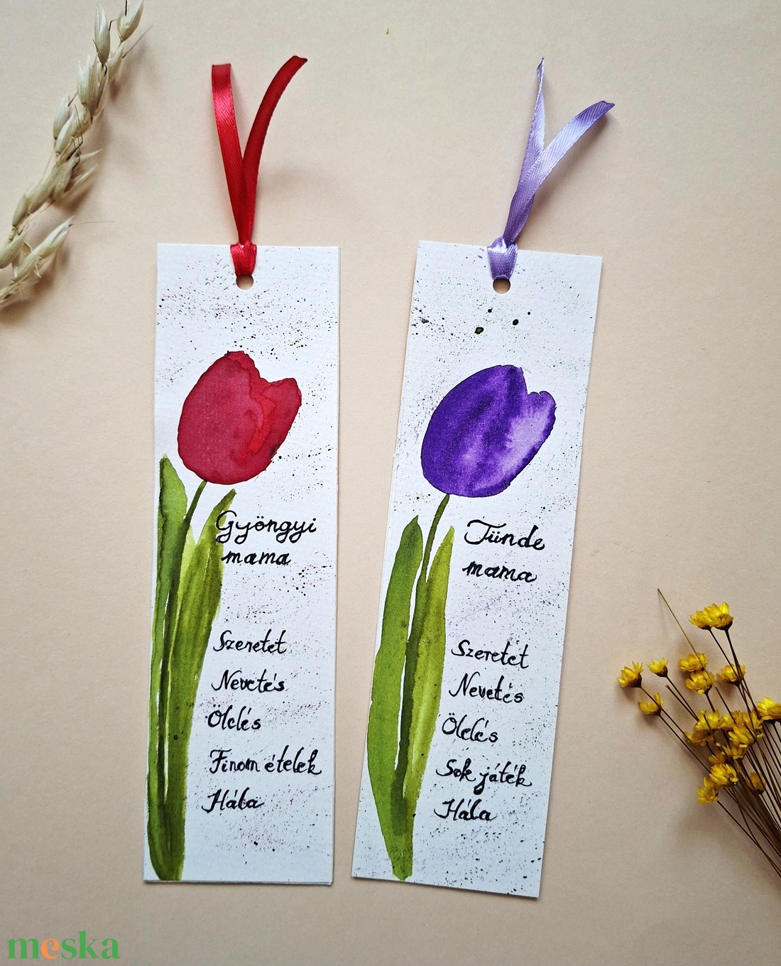 Anyák napi tulipános könyvjelző, kézzel festett akvarell könyvjelző, Azonnal vihető! - könyv & zene - könyvjelző - Meska.hu