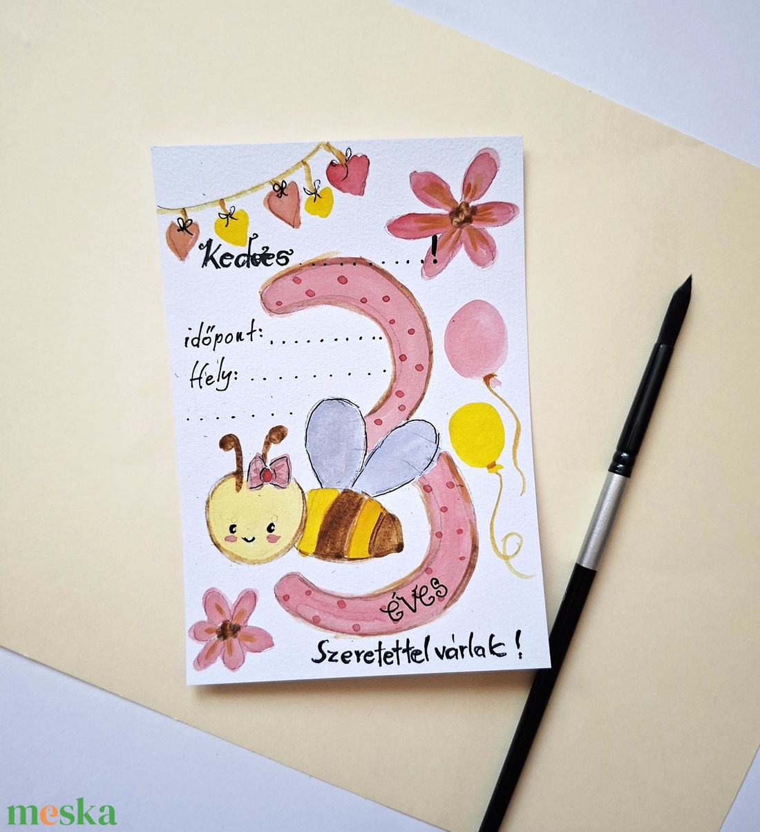 Méhecske  3  szülinapi meghívó kártya - otthon & életmód - papír, írószer - meghívó - születésnapi meghívó - Meska.hu