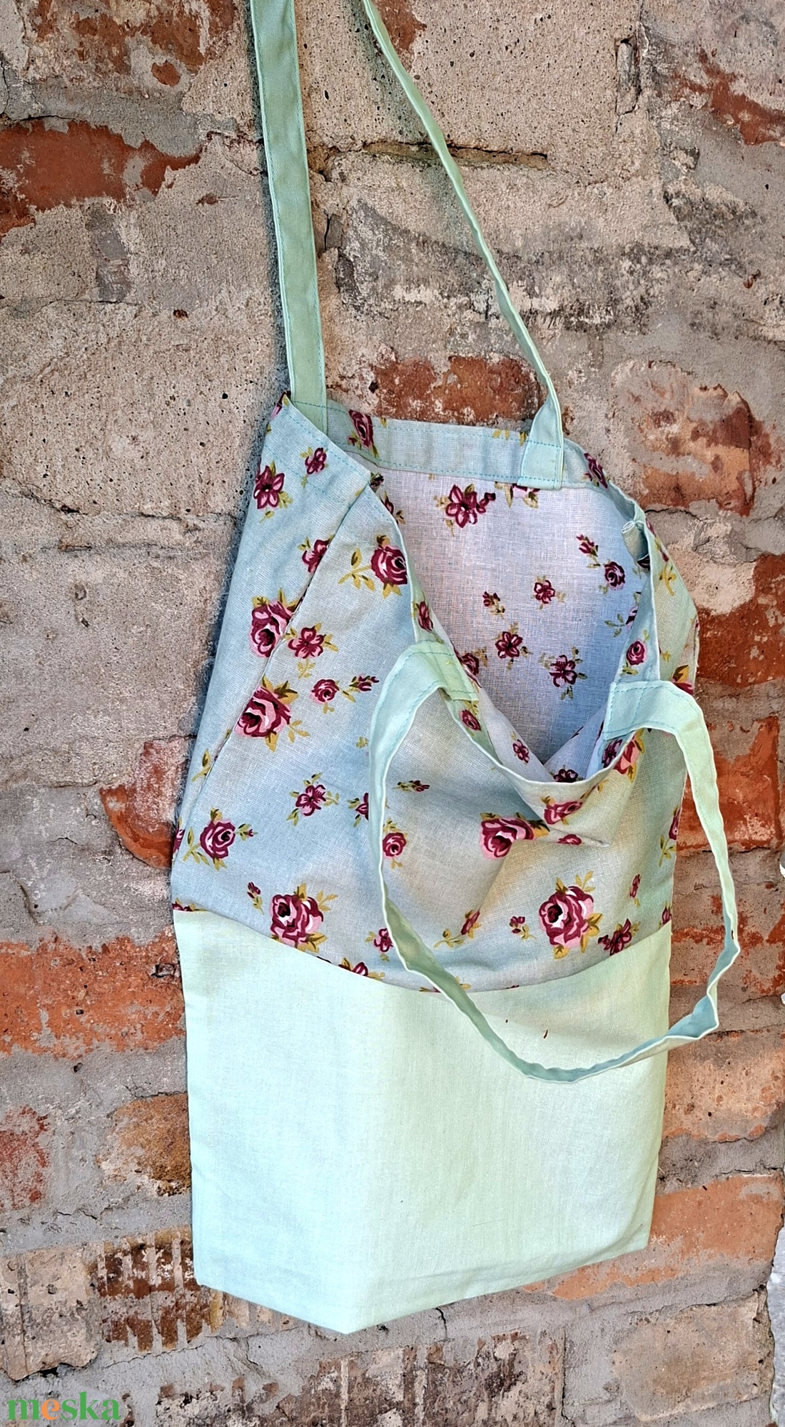 Menta rózsás textil szatyor, textil táska Azonnal vihető! - táska & tok - bevásárlás & shopper táska - shopper, textiltáska, szatyor - Meska.hu