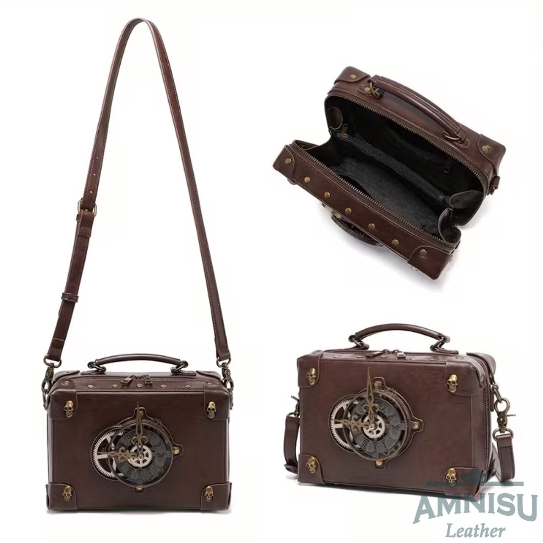 Sötétbarna - bronz steampunk stílusú szögletes közepes oldaltáska -  - Meska.hu