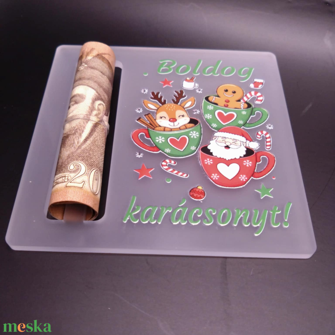Boldog karácsonyt! akril, UV nyomott pénzátadó, bögrés mintával - karácsony - karácsonyi lakásdekoráció - karácsonyfadíszek - Meska.hu