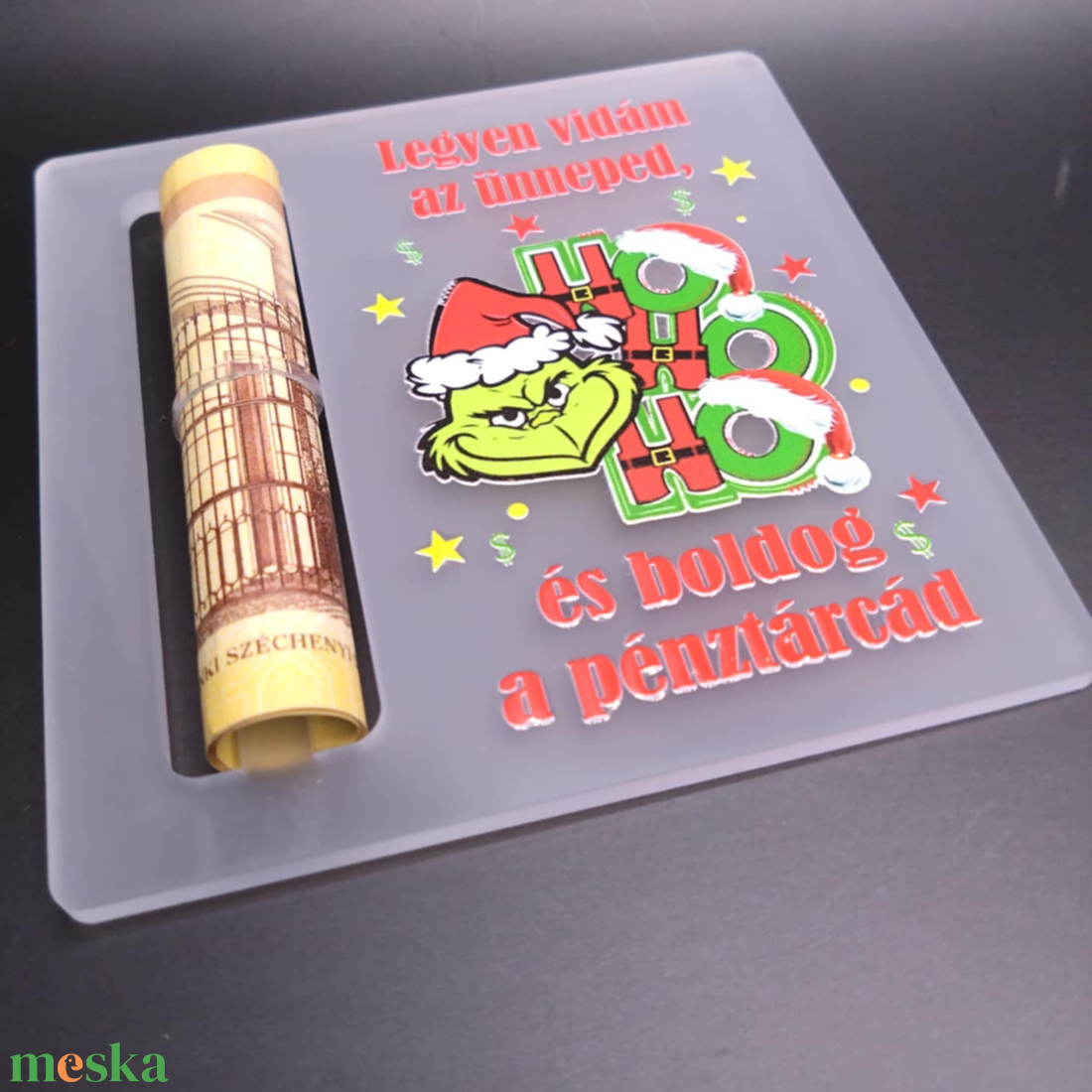 Grincses akril, UV nyomott pénzátadó - karácsony - karácsonyi lakásdekoráció - karácsonyfadíszek - Meska.hu