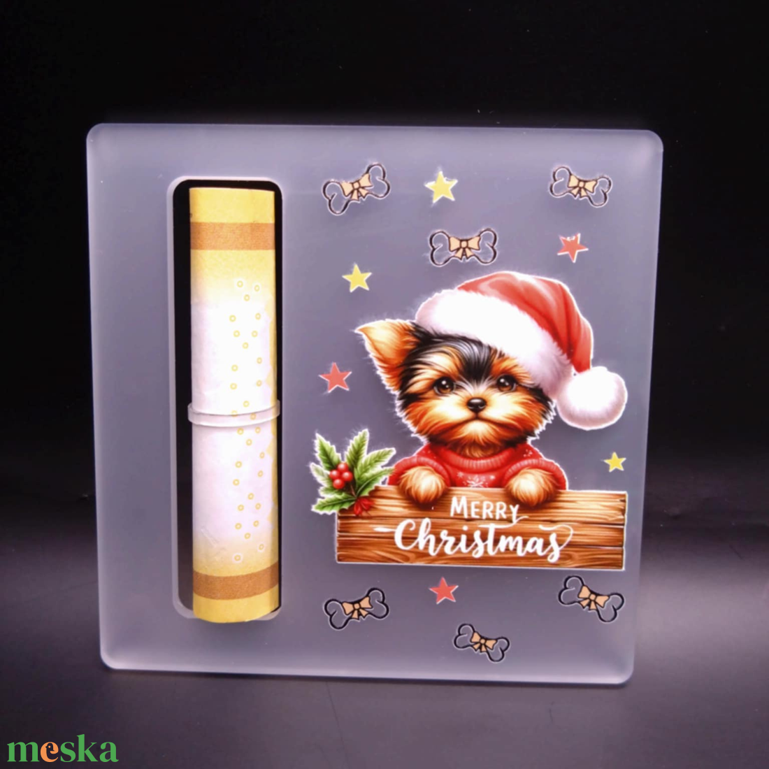 Karácsonyi, UV nyomott akril pénzátadó - Yorkie - karácsony - karácsonyi lakásdekoráció - karácsonyfadíszek - Meska.hu