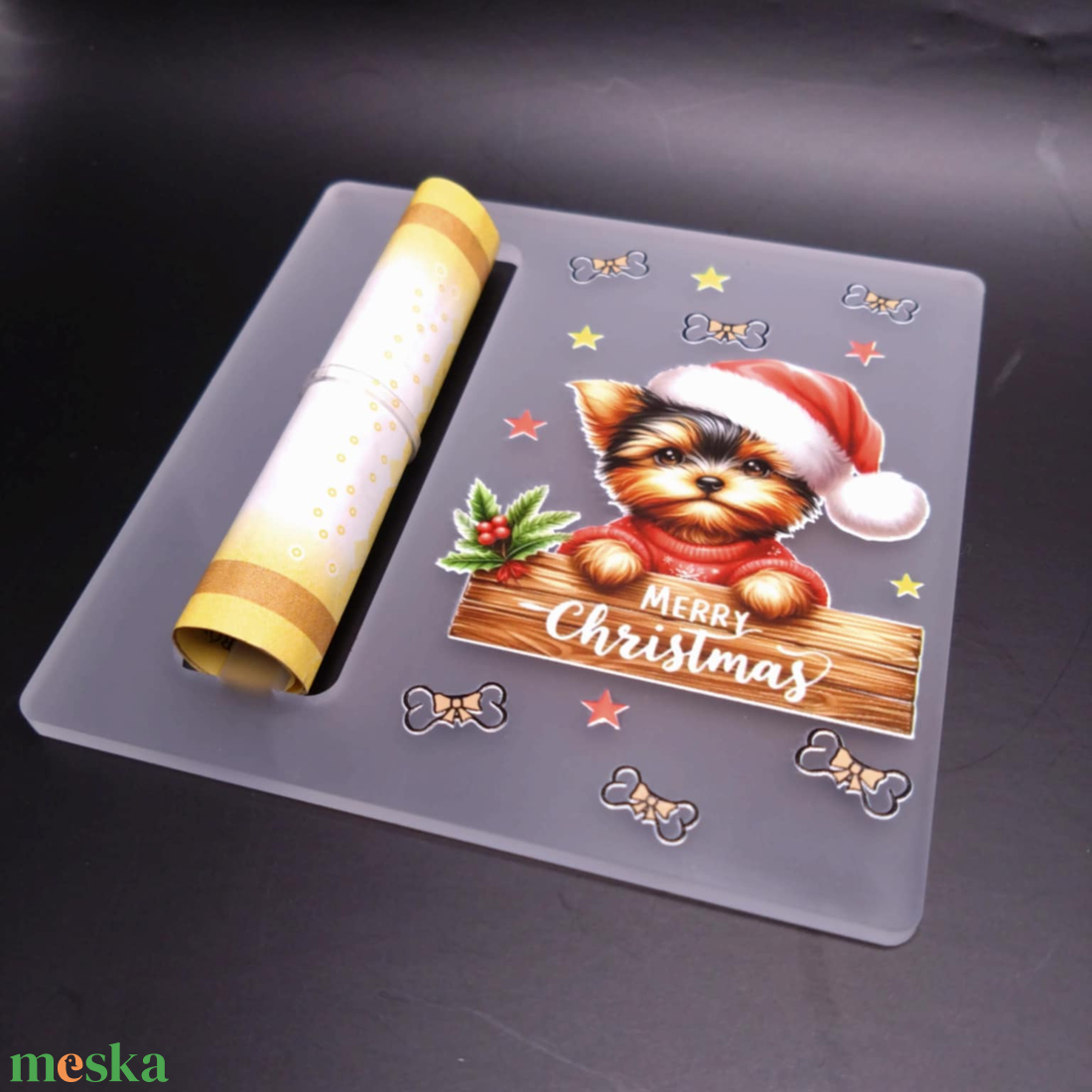 Karácsonyi, UV nyomott akril pénzátadó - Yorkie - karácsony - karácsonyi lakásdekoráció - karácsonyfadíszek - Meska.hu