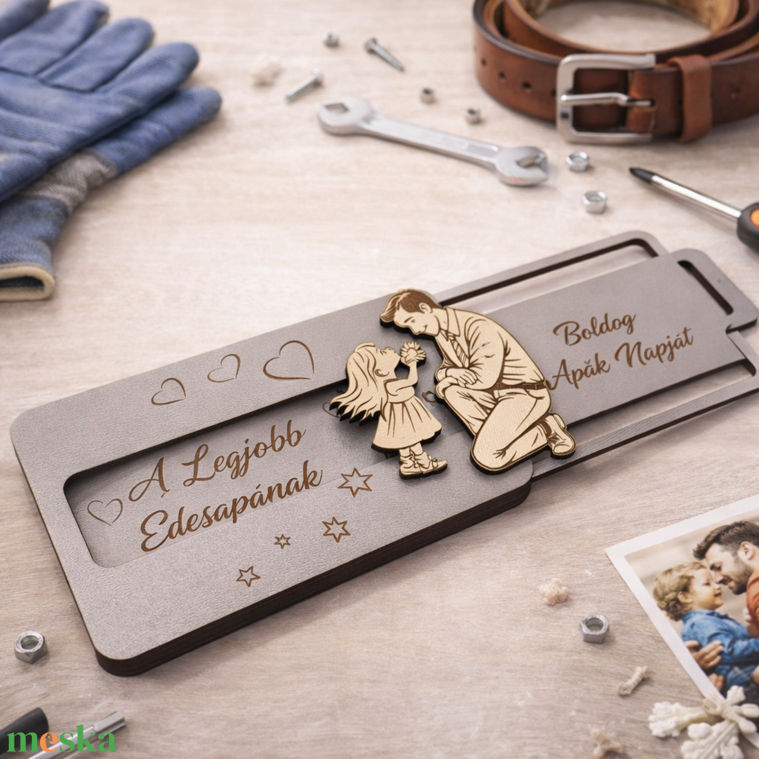 Csúsztatható fa ajándékkártya átadó kedves üzenettel - Apák, Papák napjára - otthon & életmód - papír, írószer - ajándékozás kellékei - pénzátadó doboz - Meska.hu