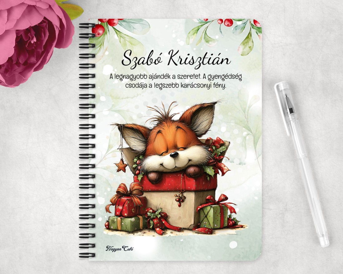Személyre szabható - Cuki karácsonyi róka és az ajándékok mintás A6-os füzet - otthon & életmód - papír, írószer - jegyzetfüzet & napló - Meska.hu