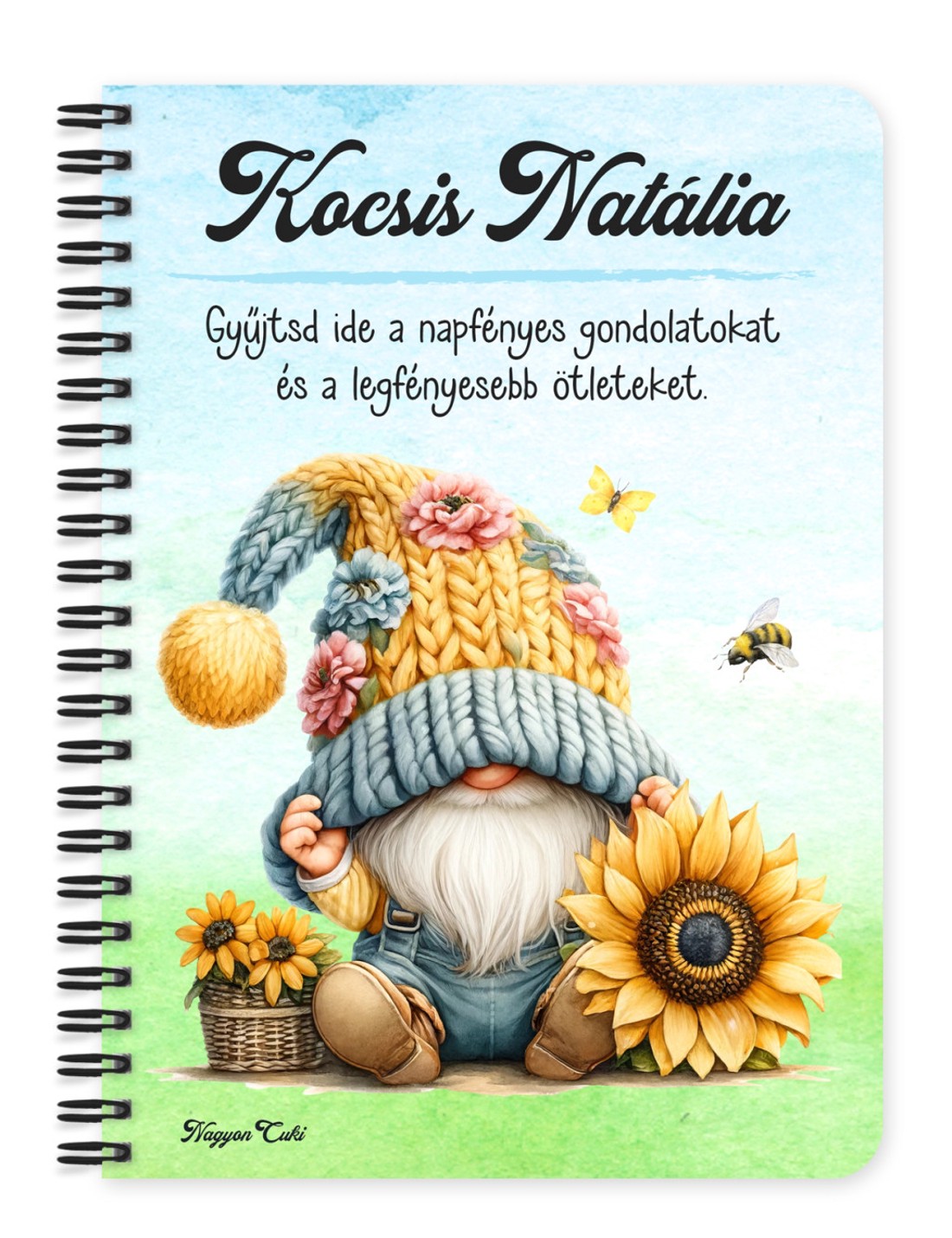 Személyre szabható - Cuki sapkás napraforgós manó mintás A5-ös füzet - otthon & életmód - papír, írószer - jegyzetfüzet & napló - Meska.hu