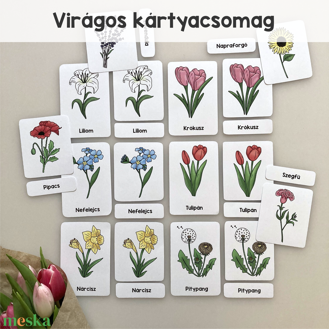 Virágos kártyacsomag - 3 részes Montessori jellegű - játék & sport - táblajáték és kártyajáték - kártya - Meska.hu